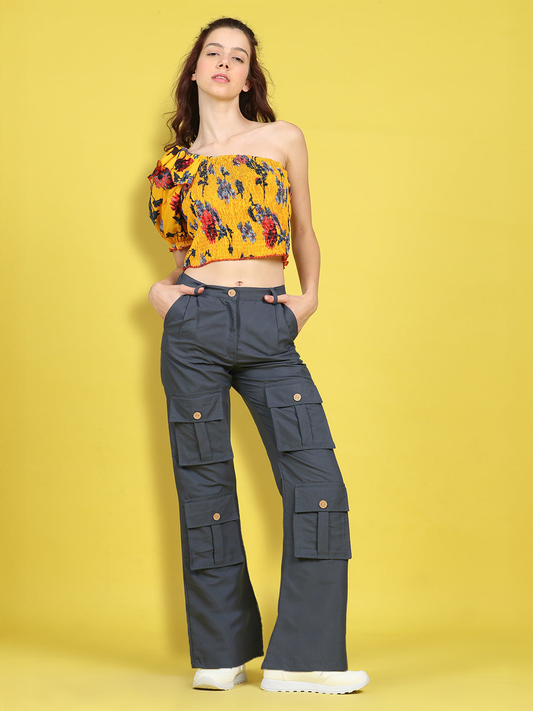 Cutiekins Girls Trendy Bold Look Crop Top With Solid Cargo -Mustard & Dark Gray