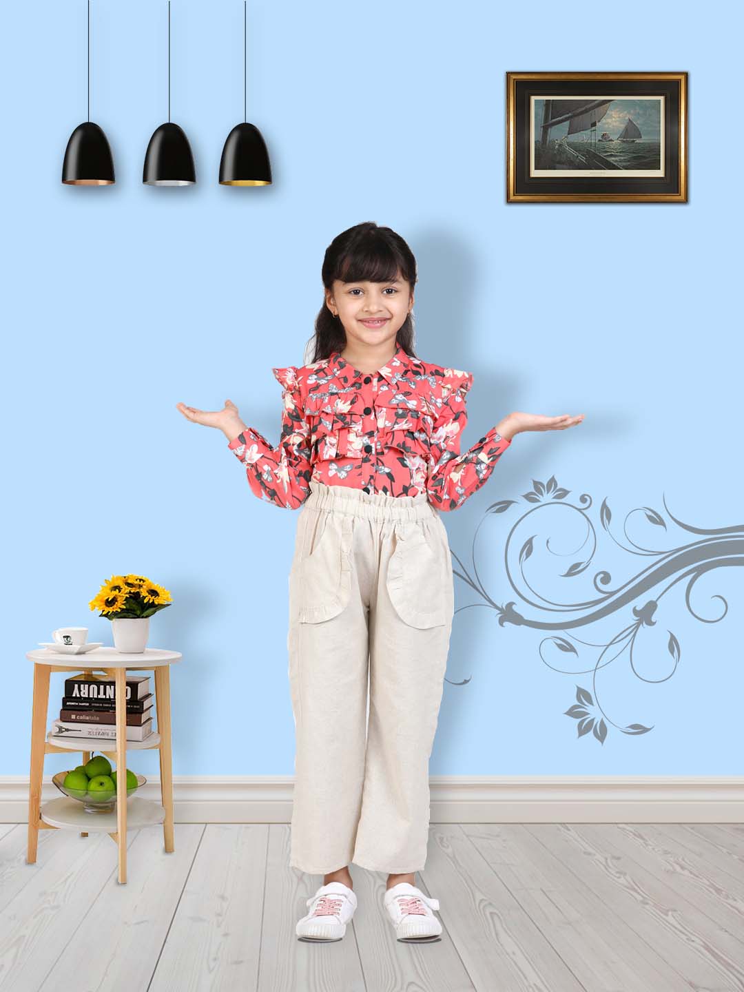 Cutiekins Shirt Style Floral Print Top & Linen Palazzo Set  - Pink & Off White