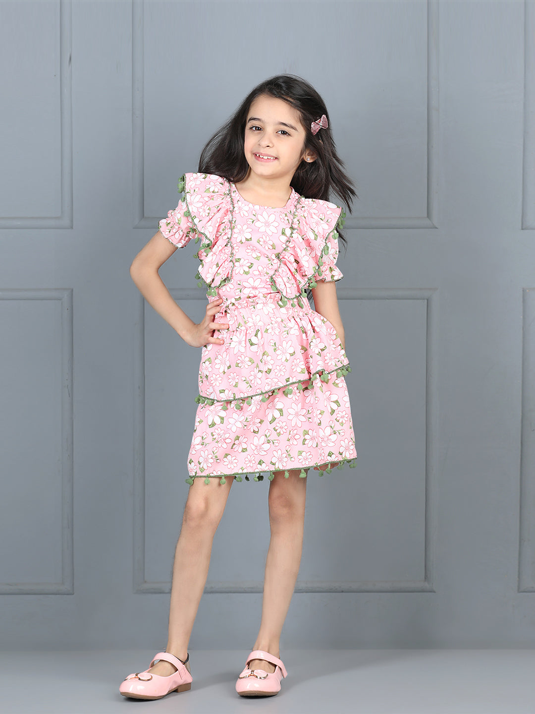 Cutiekins Girls Floral Printed Embellished Top With Printed Skirt -Pink & Pista Green