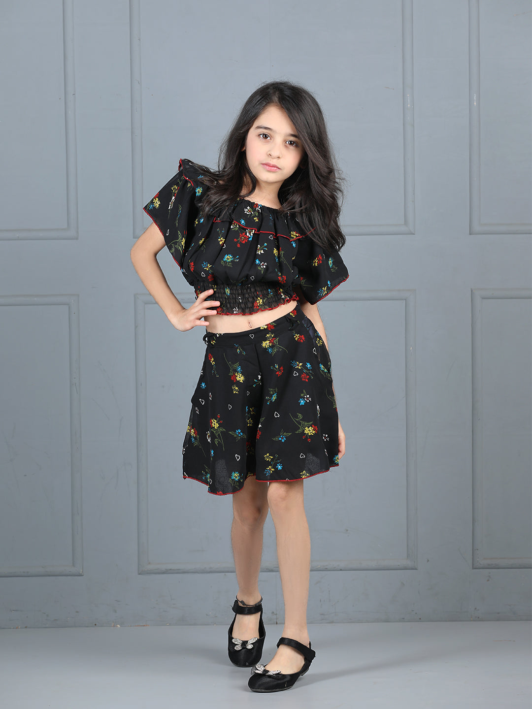 Cutiekins Girls Floral Printed Embellished Top With Printed Skirt -Black & Multi