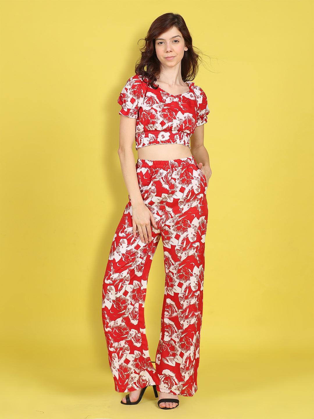 Cutiekins Girls Trendy Bold Style Printed Top & Palazzo Co-ord Set -Red & Off White