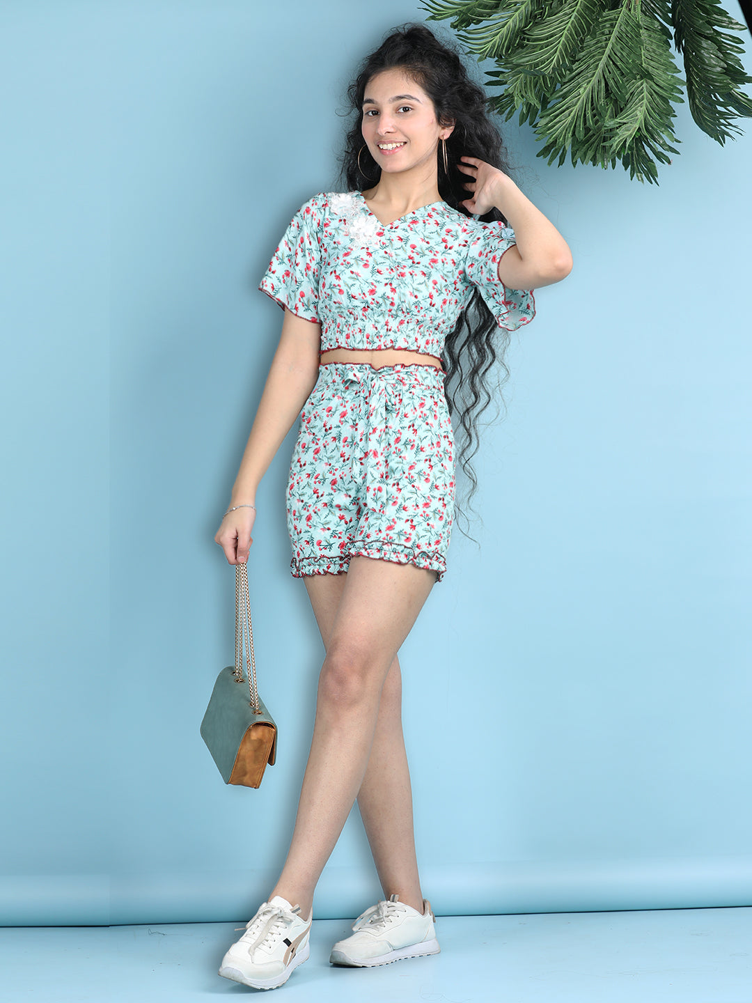 Cutiekins Girls Printed Embellished Top with Printed Shorts -Pista Green & Pink
