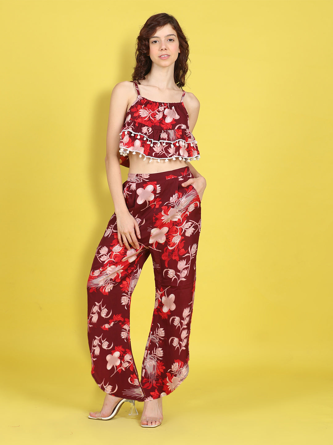 Cutiekins Girls Trendy Bold Style Printed Top & Palazzo Co-ord Set -Maroon & Off White
