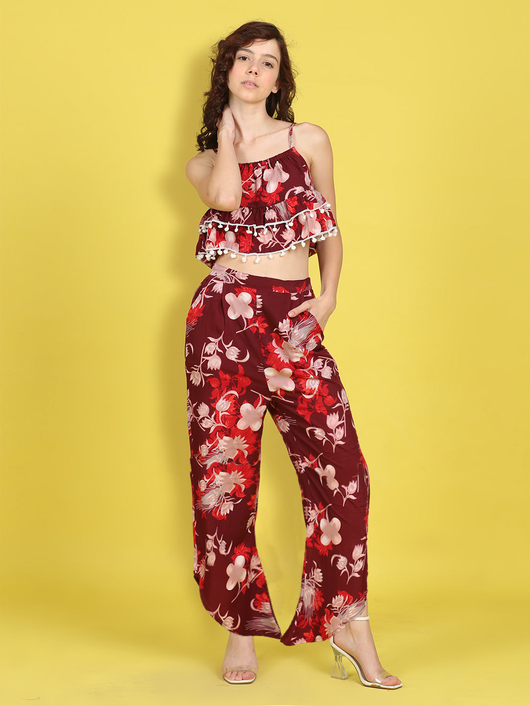Cutiekins Girls Trendy Bold Style Printed Top & Palazzo Co-ord Set -Maroon & Off White