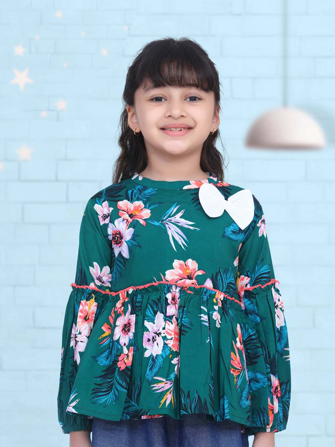 Cutiekins Green Floral Print Peplum Top  - Green & White