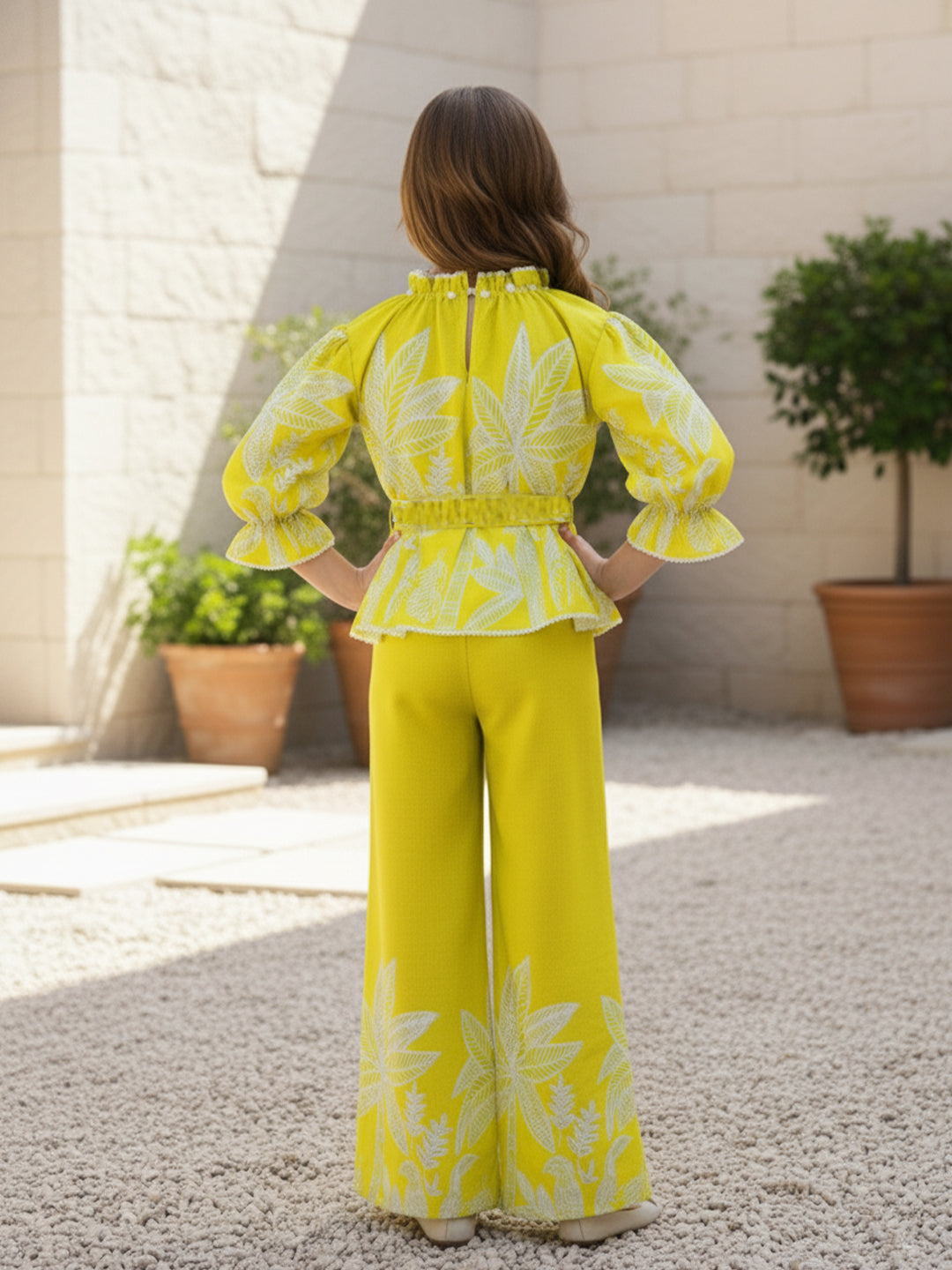 Cutiekins Girls Trendy Floral Print Peplum Top and Wide Leg Pants Co-Ord Set - Yellow & White