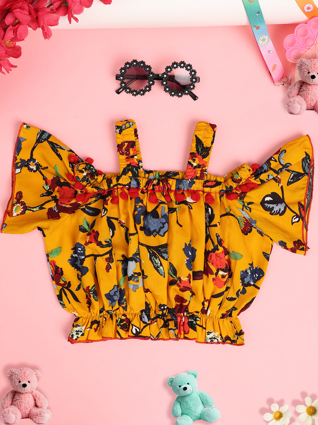 Cutiekins Girls Floral Printed Embellished Crop Top- Mustard & Multi