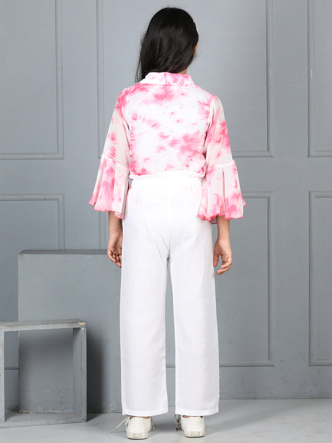 Cutiekins Girls Shirt Style Printed Top With Solid Trouser -Off White & Pink