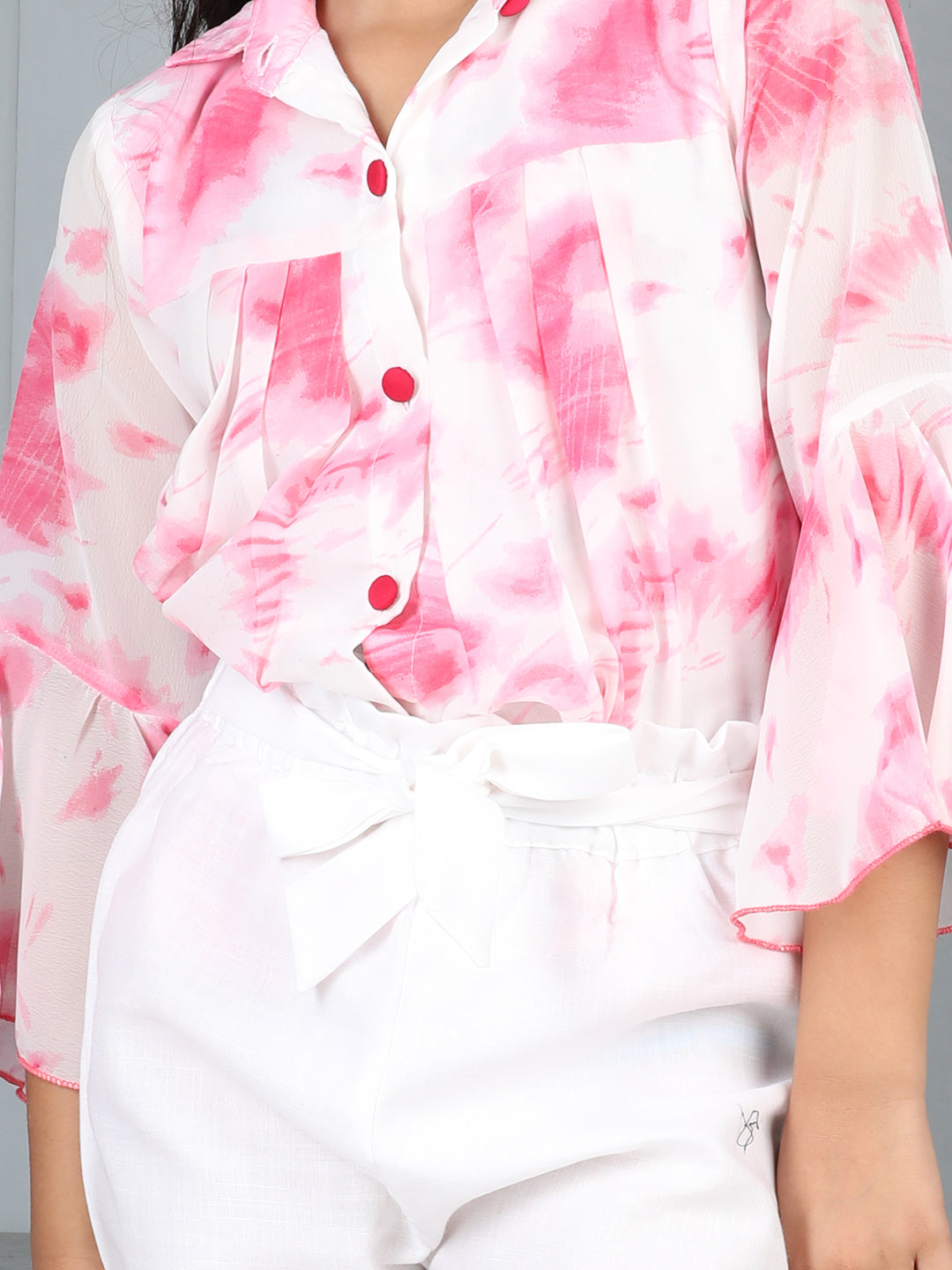Cutiekins Girls Shirt Style Printed Top With Solid Trouser -Off White & Pink