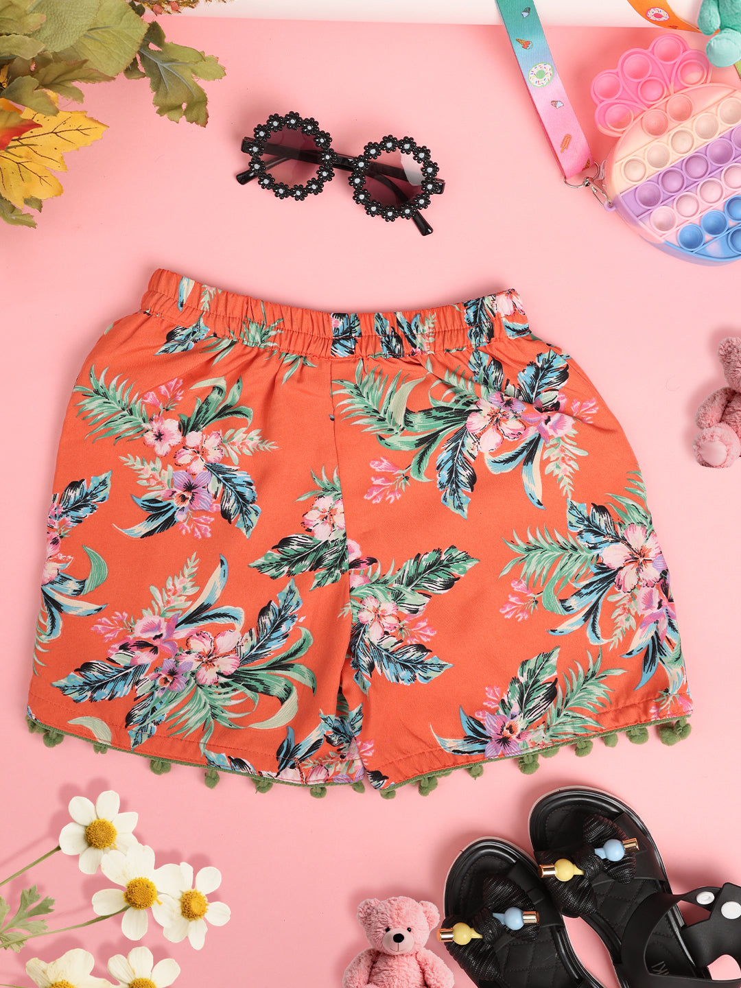 Cutiekins Girls Floral Printed Embellished Short -Coral & Green