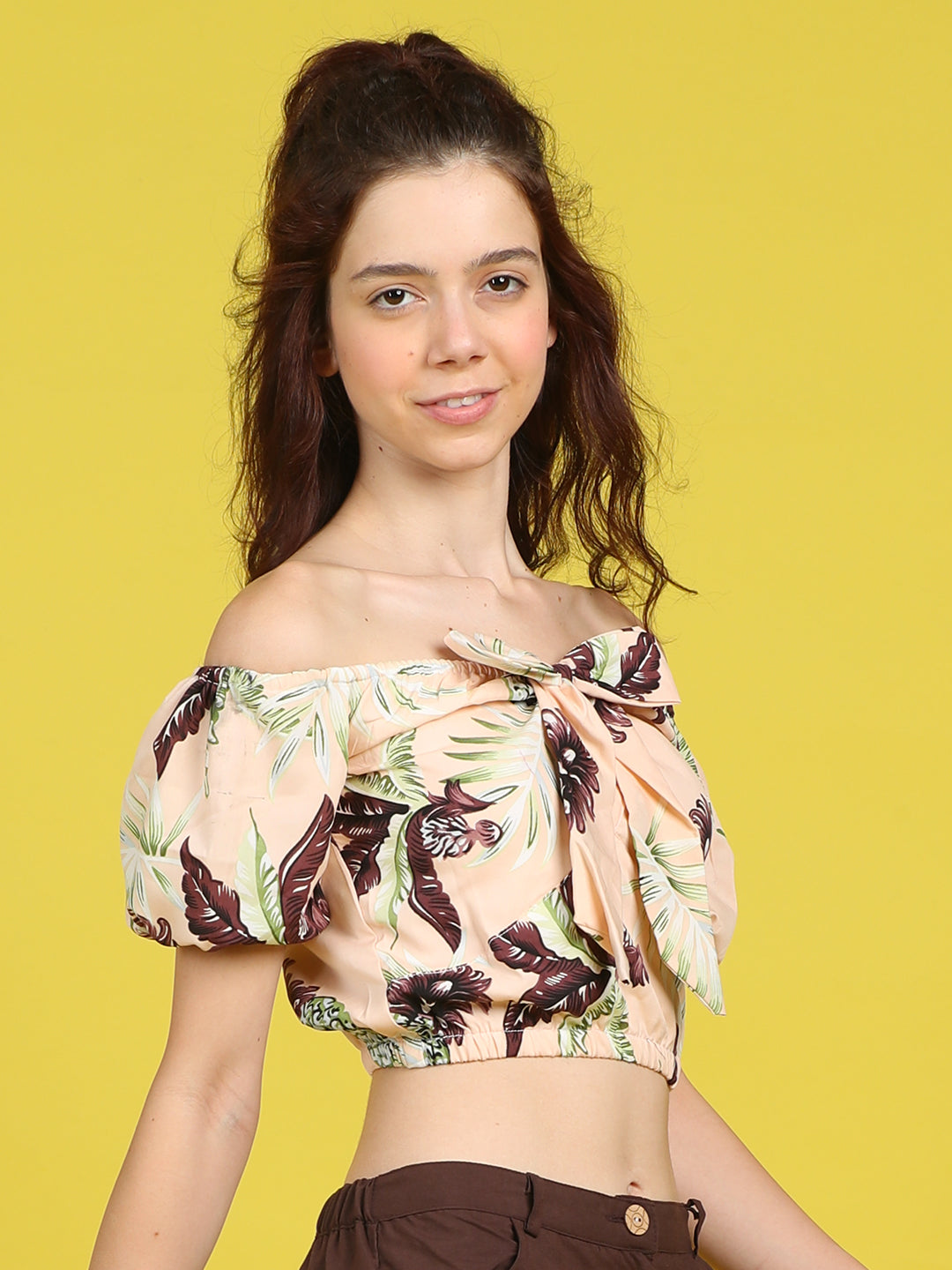 Cutiekins Girls Trendy Bold Style Printed Top -Peach & Coffee Brown