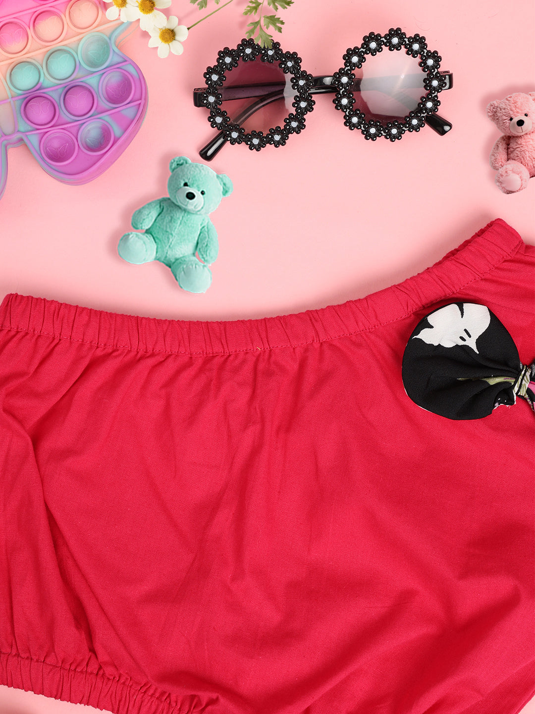 Girls Embellished One Shoulder Puff Sleeve Cotton Crop Top -Coral Pink & Black
