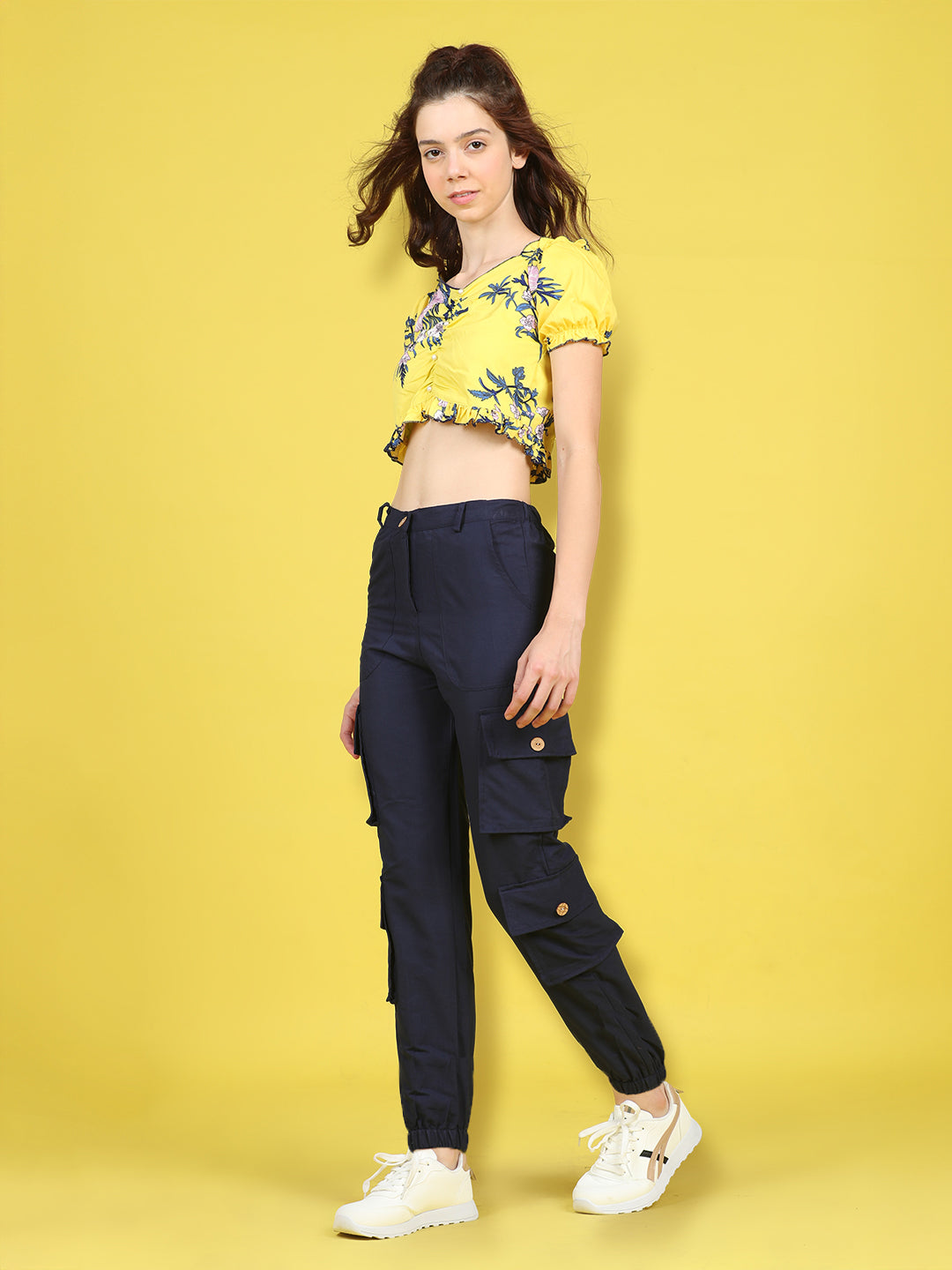 Cutiekins Girls Trendy Bold Look Crop Top With Solid Cargo -Yellow & Dark Blue