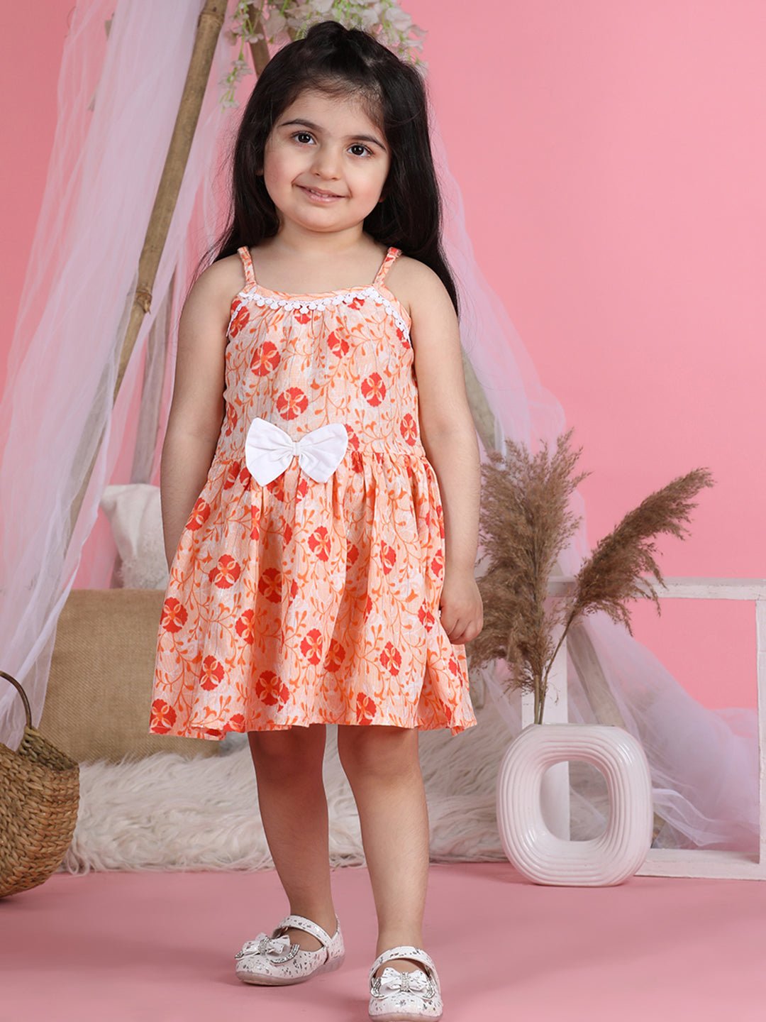 Cutiekins Shoulder Straps Printed Flared Dress-Orange & White