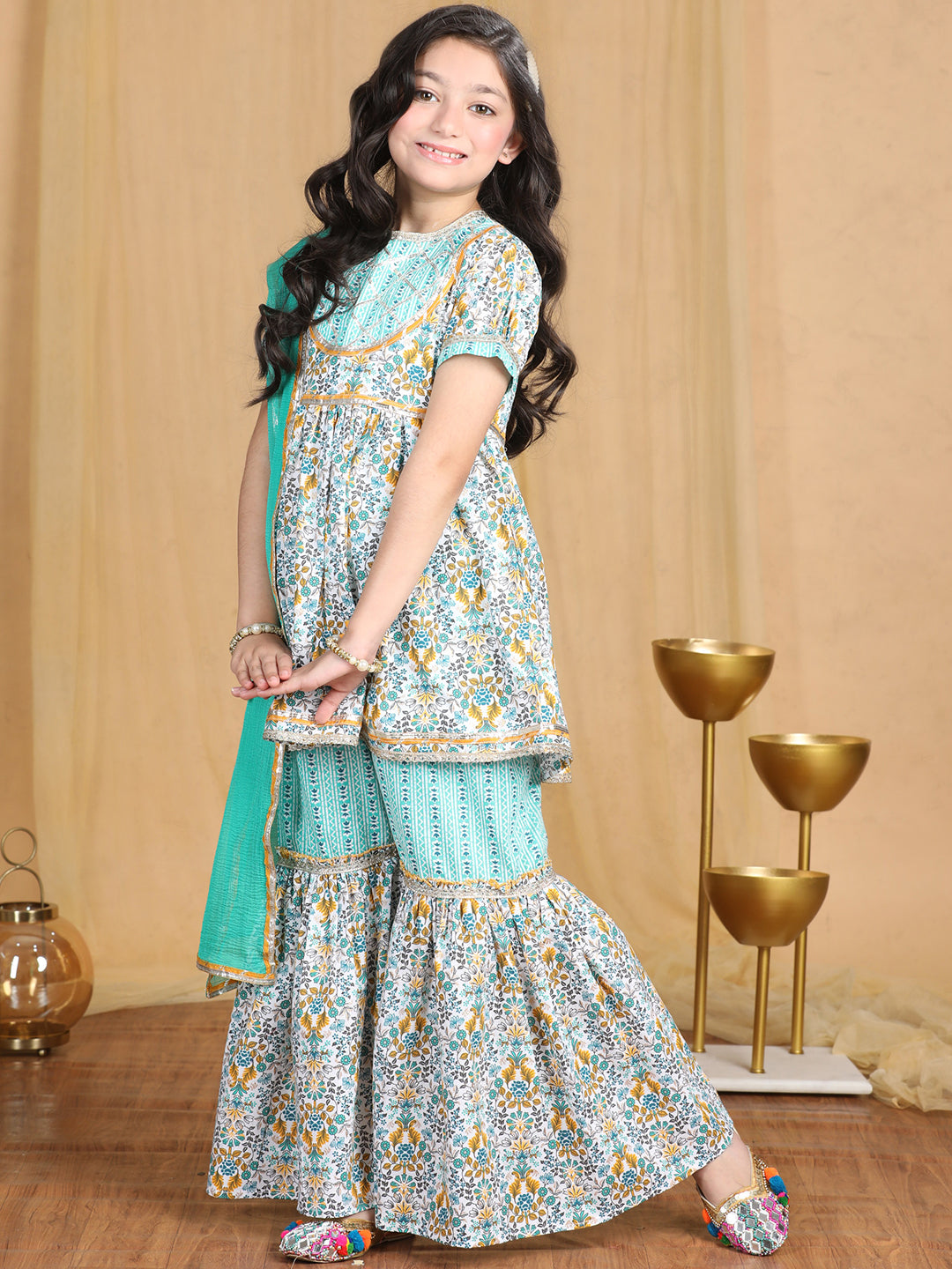 Cutiekins Girls Floral Print Sleeveless Kurta and Sharara with Dupatta -Off White & Green