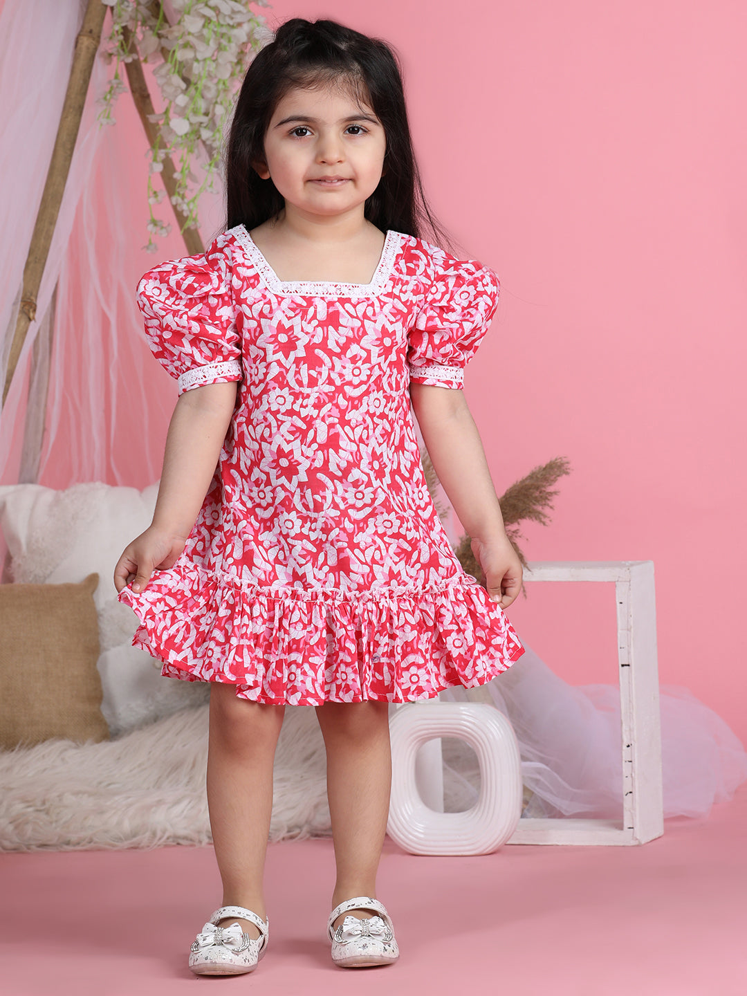 Cutiekins Square Neck Printed Flared Dress-Pink & White