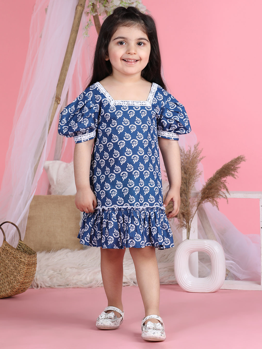 Cutiekins Square Neck Printed Flared Dress-Navy Blue & White