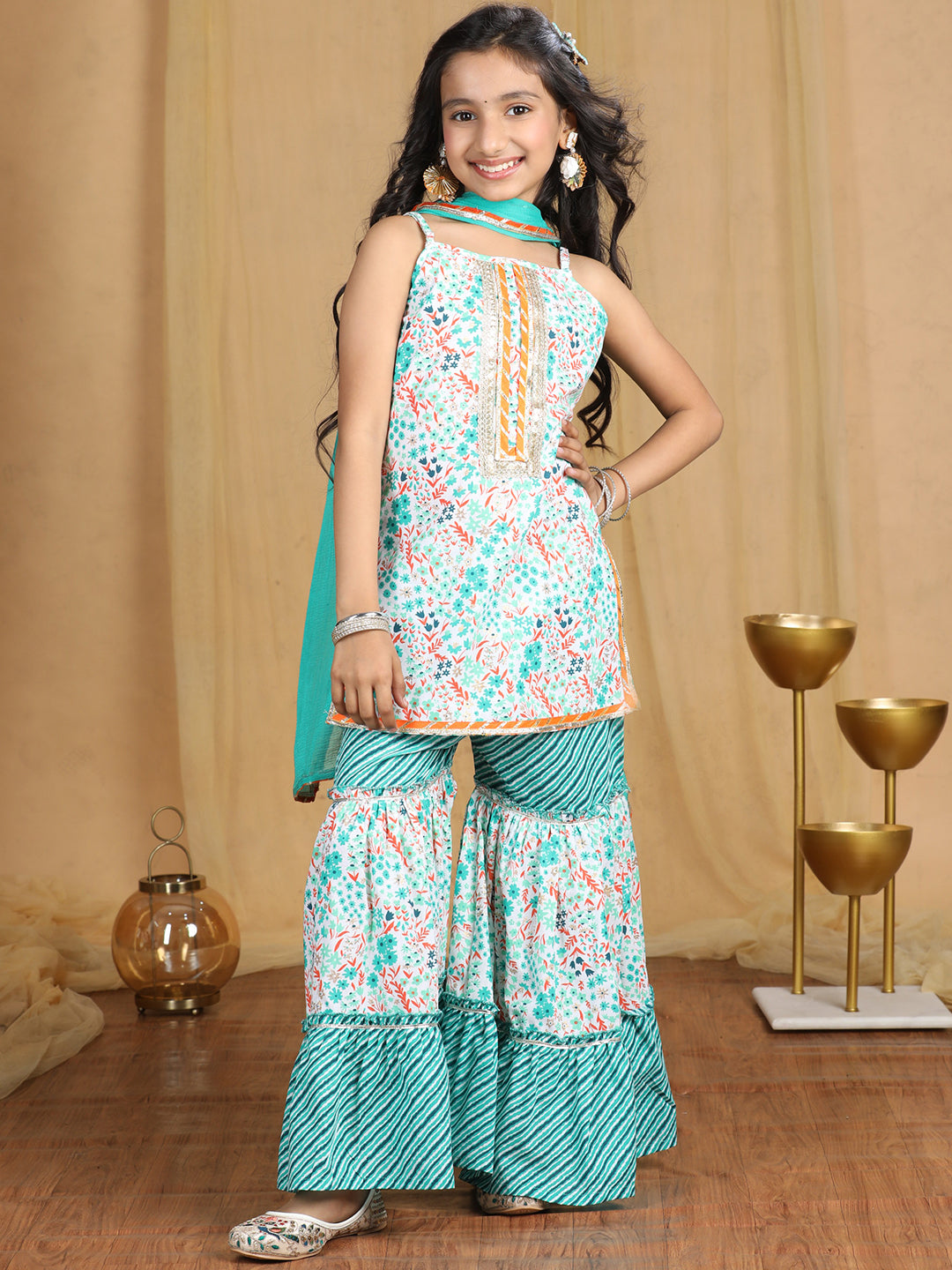 Cutiekins Girls floral Print Empire Kurta and Sharara with Dupatta -Off White & Rama Green