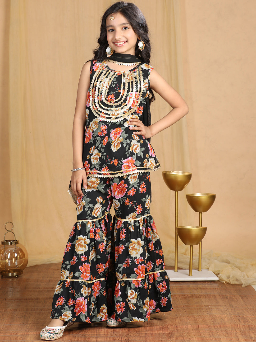 Cutiekins Girls Floral Print Sequined Kurta and Sharara with Dupatta -Black & Gold