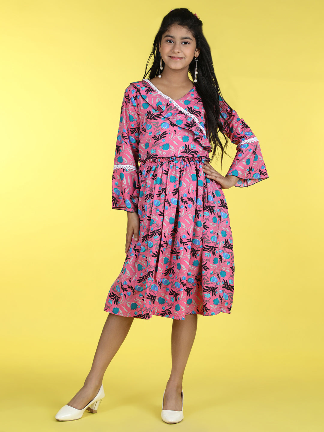 Cutiekins V-Neck Printed Flared Dress-Pink & Blue