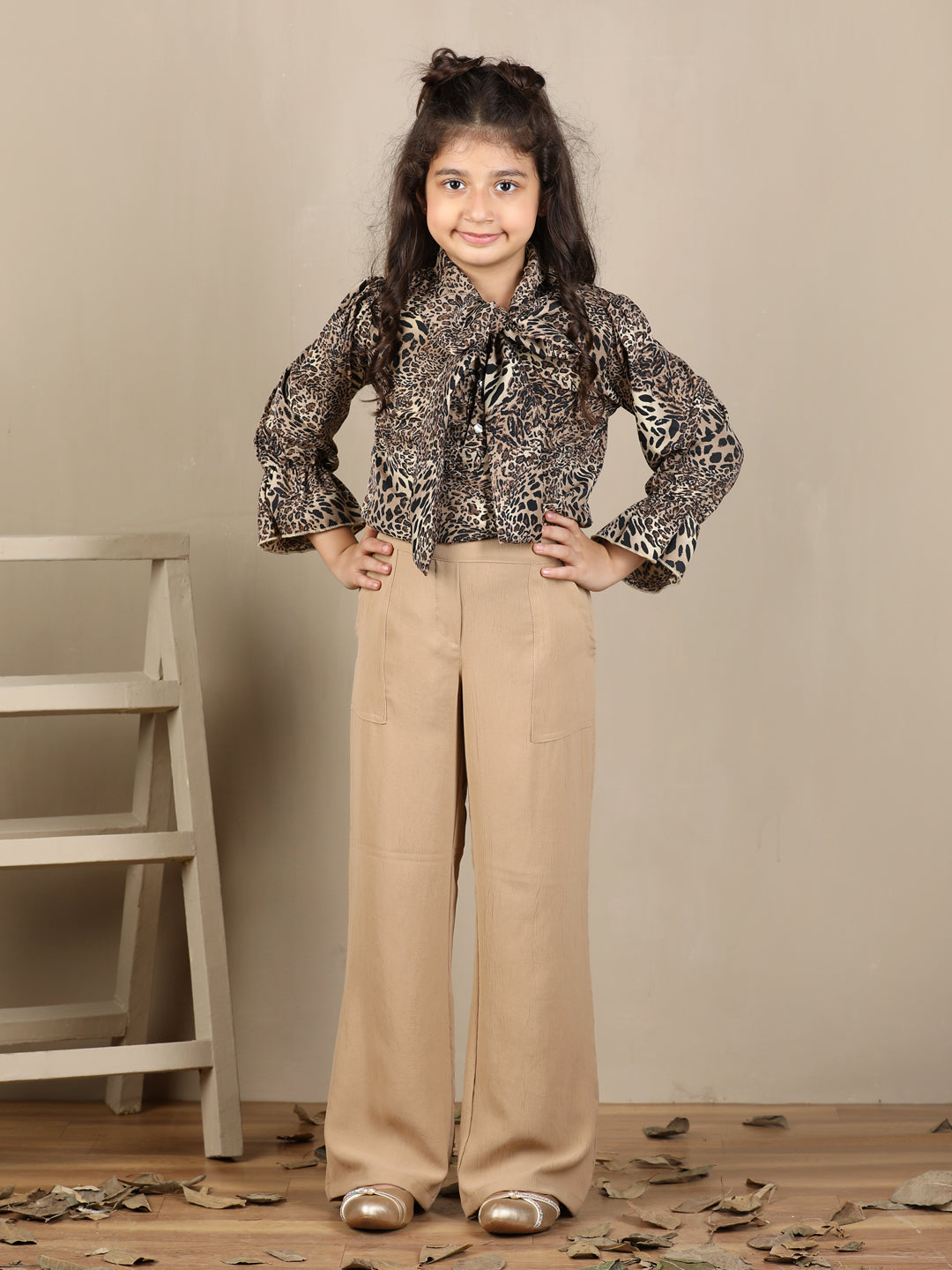 Cutiekins Girls Trendy Animal Print Top with Wide Leg Solid Pants Clothing Set - Brown & Beige