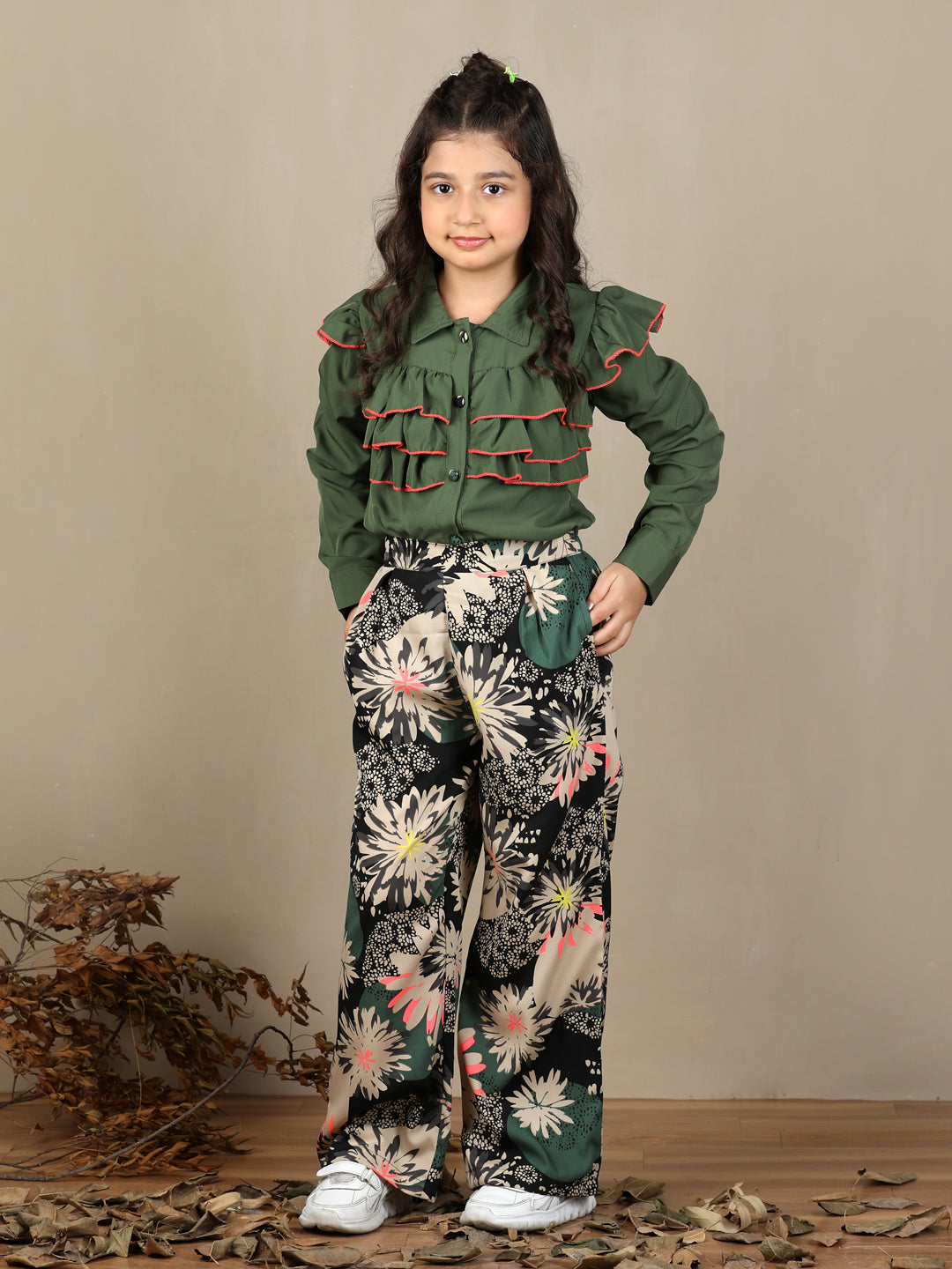 Cutiekins Girls Floral Print Top With Wide Leg Trouser Co-Ord Set - Green & Black