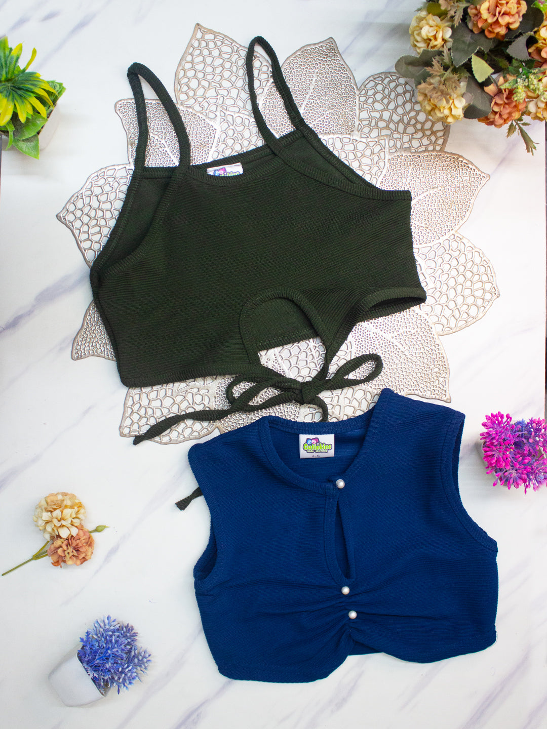 Cutiekins Girls Solid Embellished Crop Tops(Pack of 2) -Royal Blue & Olive Green