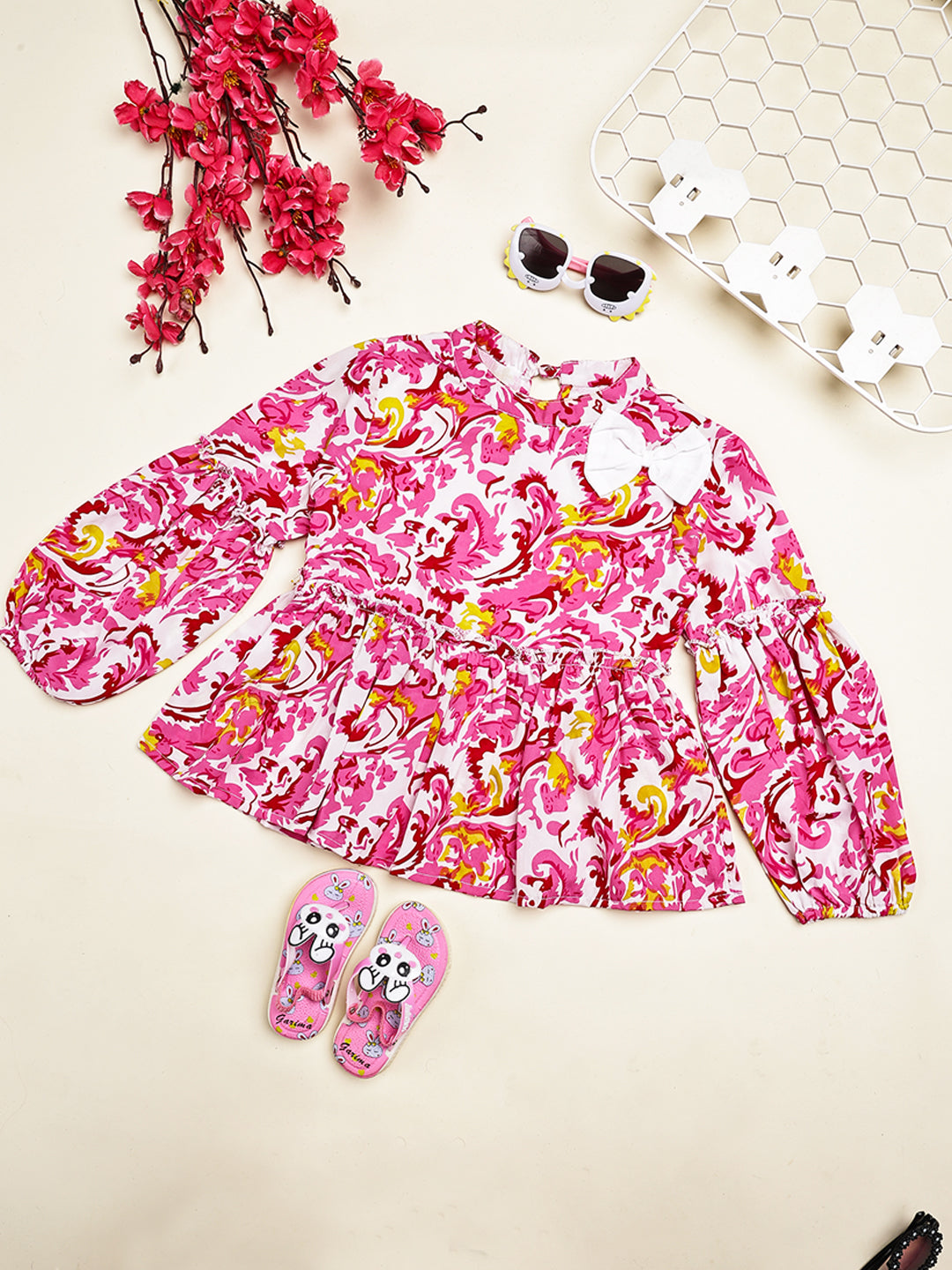 Cutiekins Girls Adorable Floral Print Casual Top -Off White & Pink