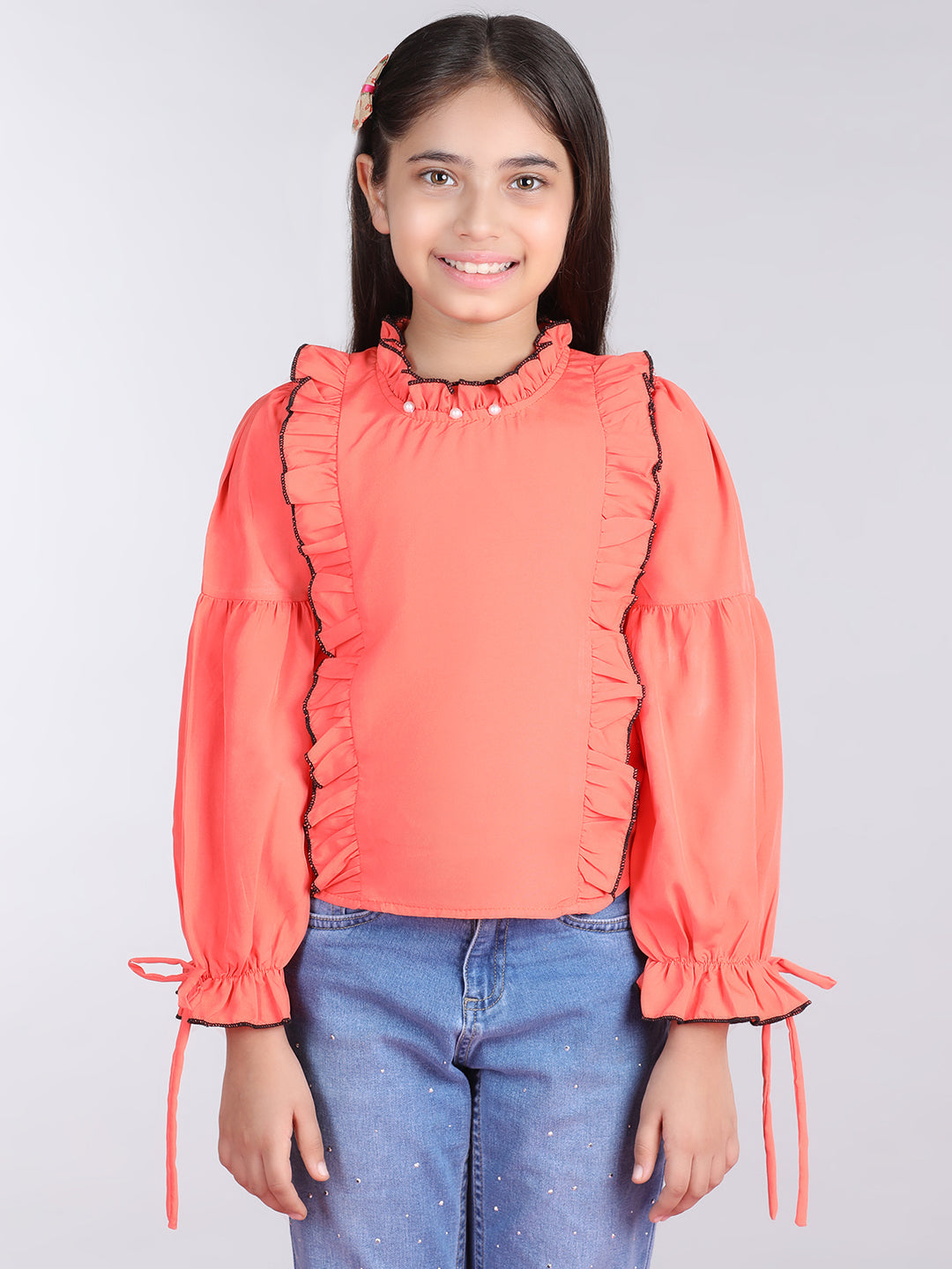 Cutiekins Solid Full Sleeves Polyester Tops-Orange & White