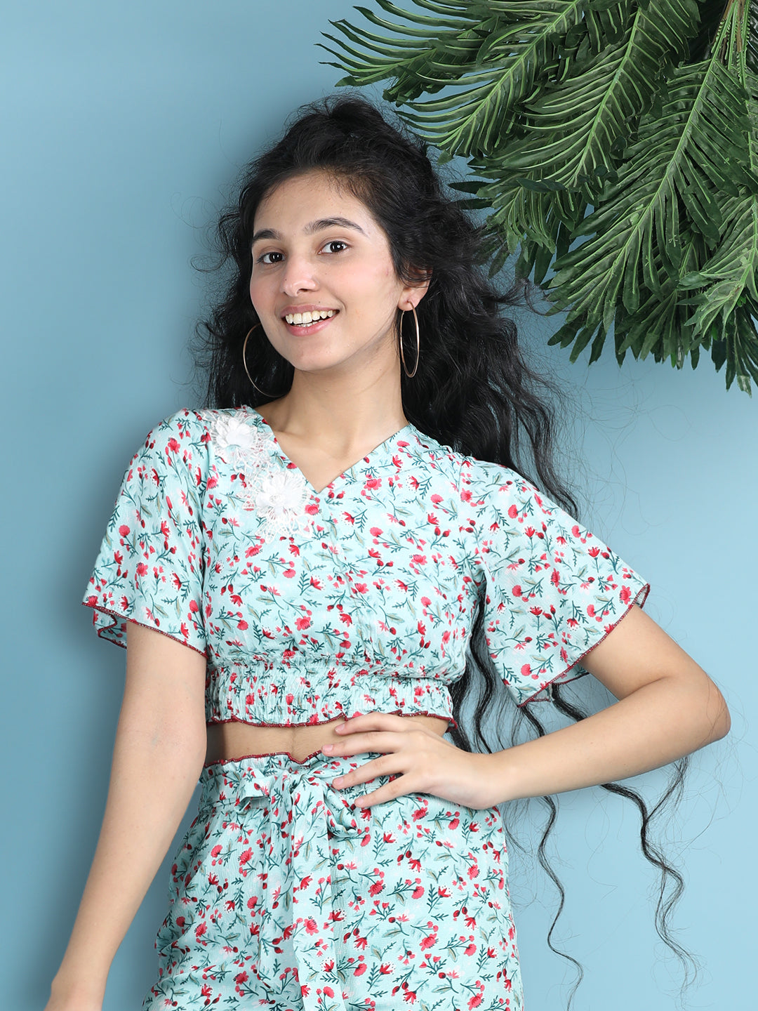 Cutiekins Girls Printed Embellished Top -Pista Green & Pink