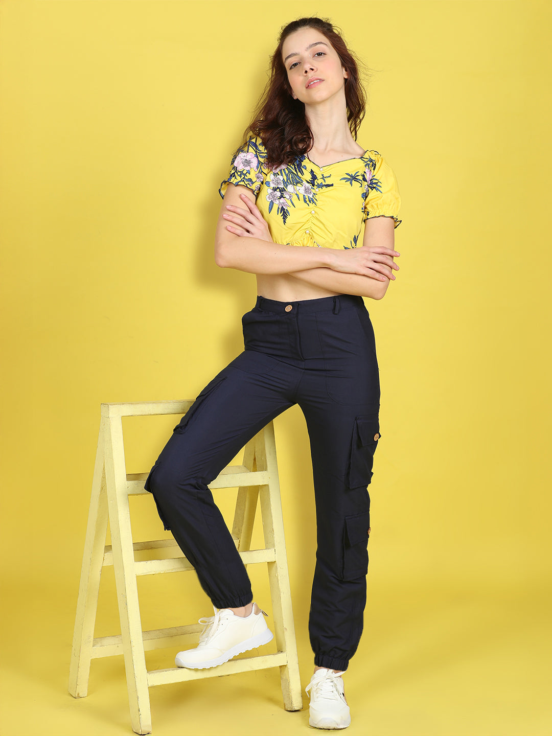 Cutiekins Girls Trendy Bold Look Crop Top With Solid Cargo -Yellow & Dark Blue