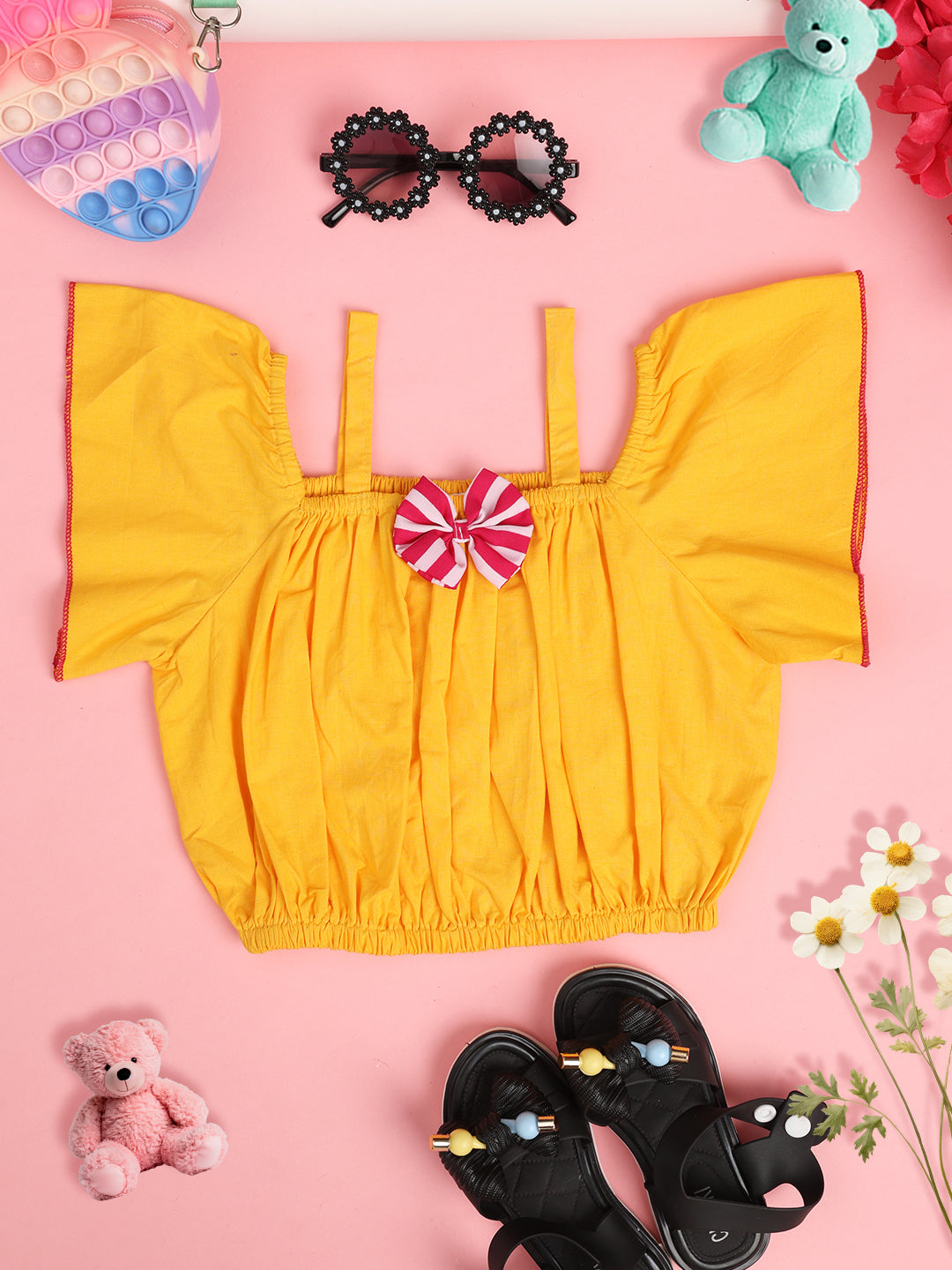 Cutiekins Girls Pure Cotton  Solid Embellished Crop Top -Mustard & Pink