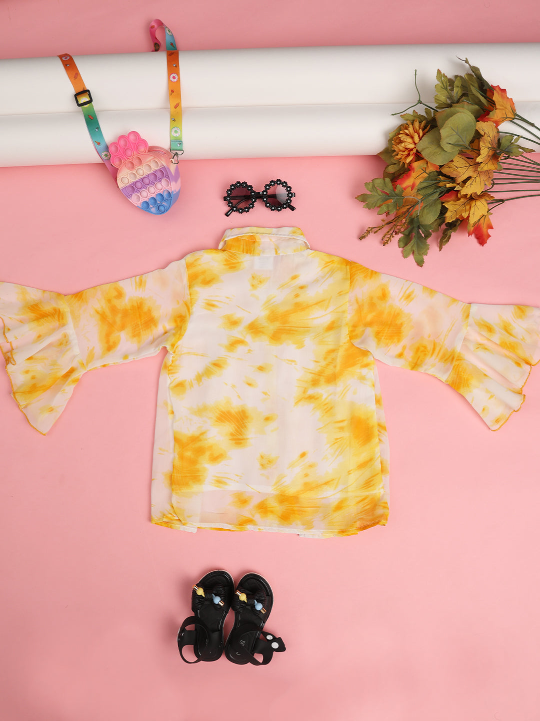 Cutiekins Girls Tie and Dye Print Flared Sleeve Georgette Shirt Style Top -Yellow & Off White