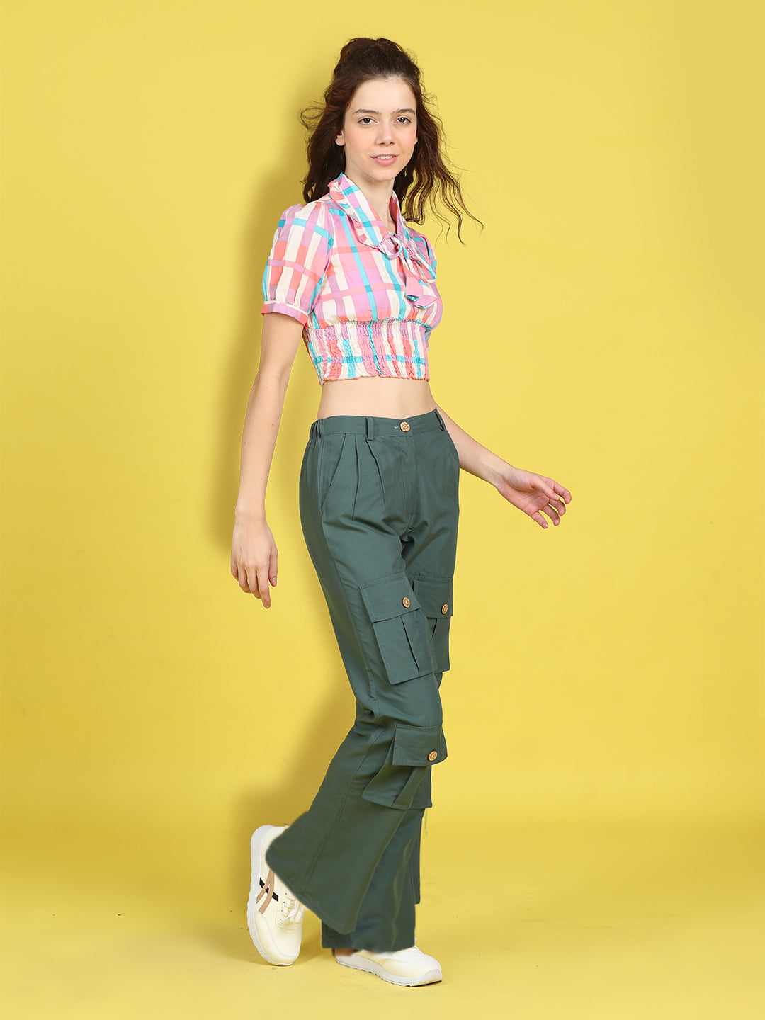Cutiekins Girls Trendy Bold Look Crop Top With Solid Cargo -Off White & Sea Green