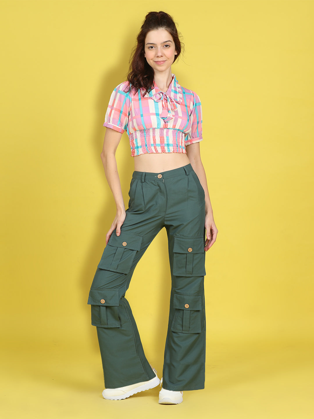 Cutiekins Girls Trendy Bold Look Crop Top With Solid Cargo -Off White & Sea Green
