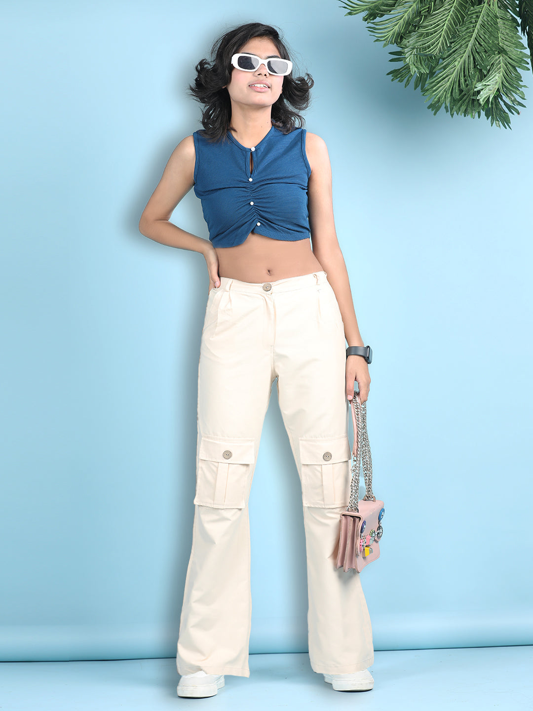 Cutiekins Girls Solid Embellished Top with Solid Cargo -Royal Blue & White