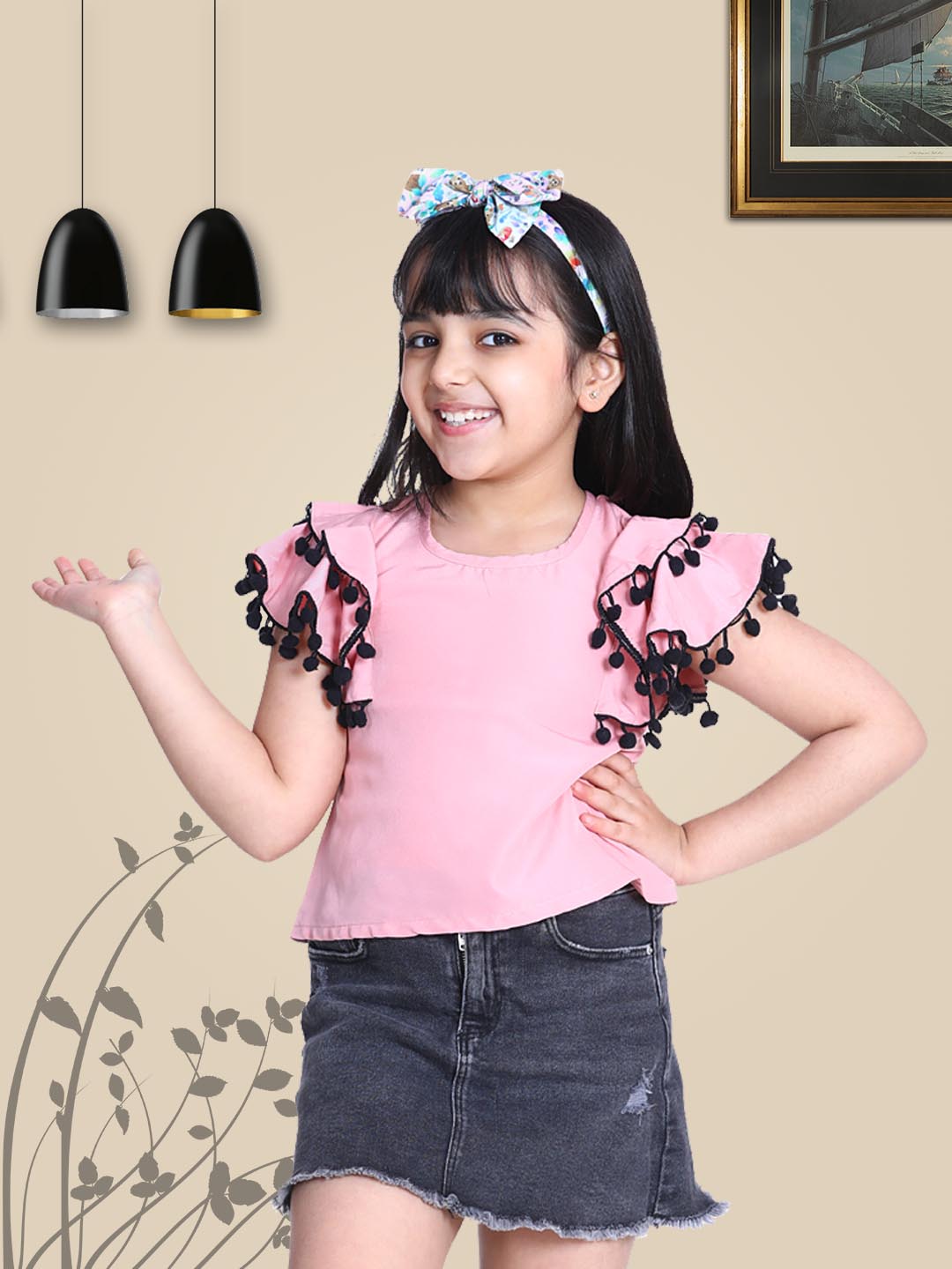 Cutiekins Ruffle Sleeves Top-Peach & Multi