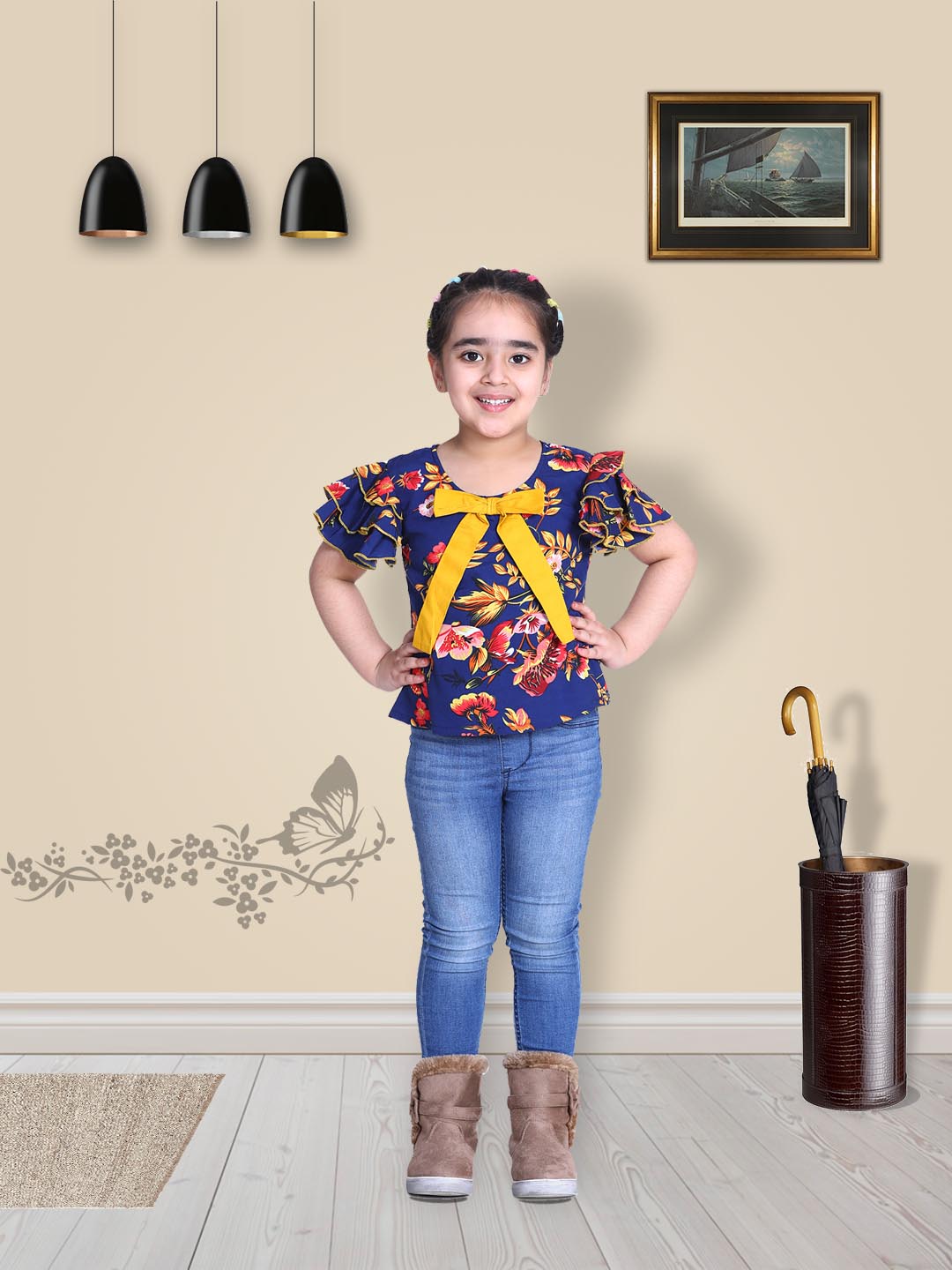 Cutiekins Ruffle Sleeves Floral Printed Top-Navy Blue & Mustard