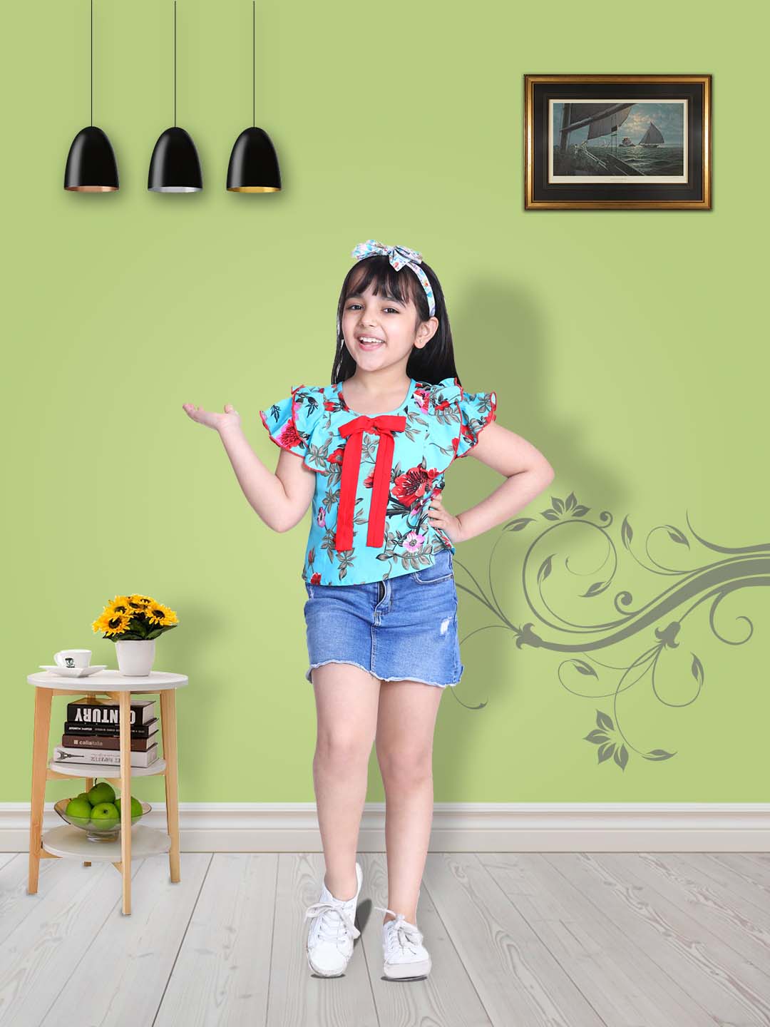 Cutiekins Floral Print Ruffle Sleeves Top-Aqua Blue & Red