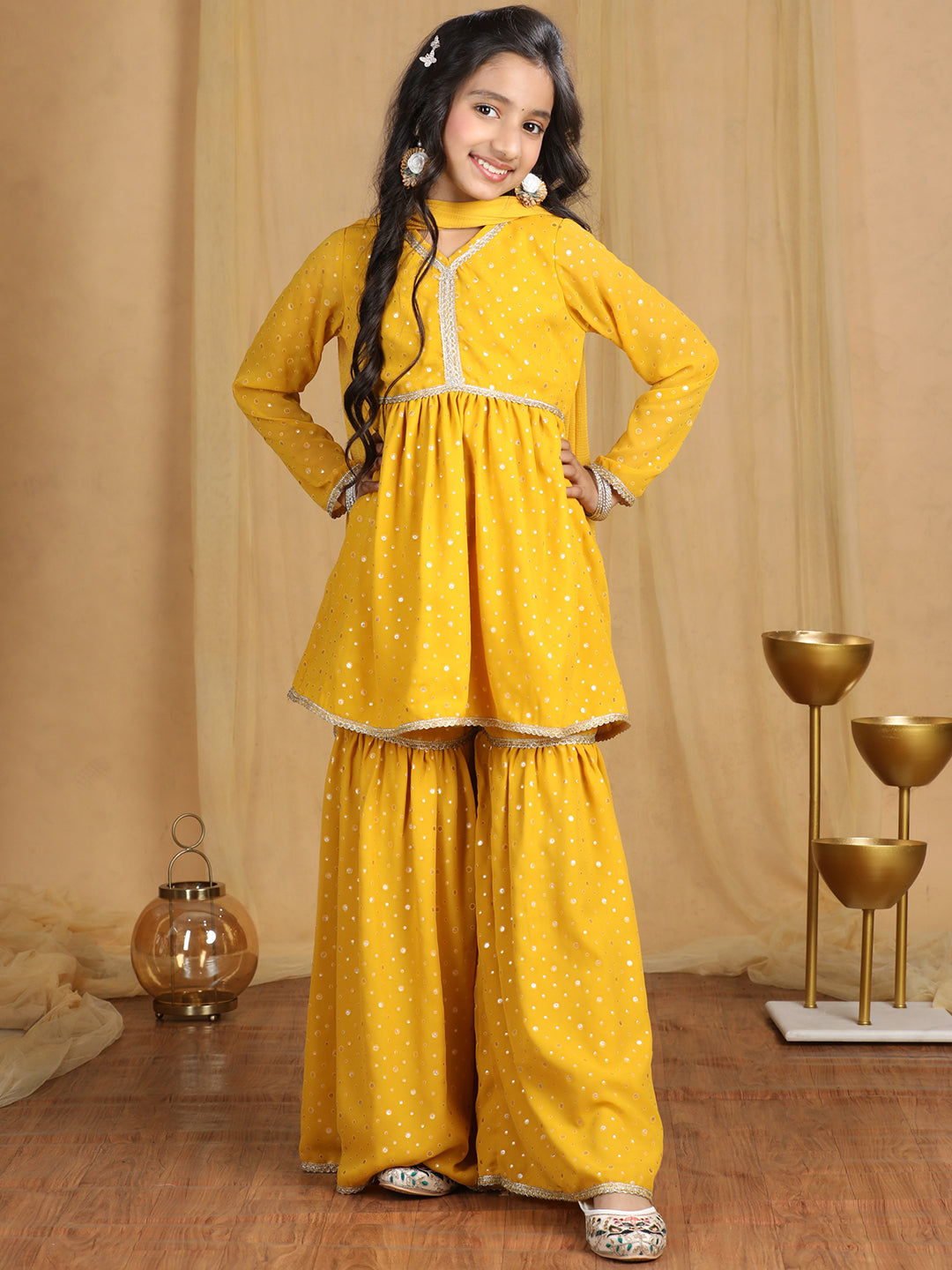 Cutiekins Girls Self Design Empire Kurta and Sharara with Dupatta -Mustard & Gold
