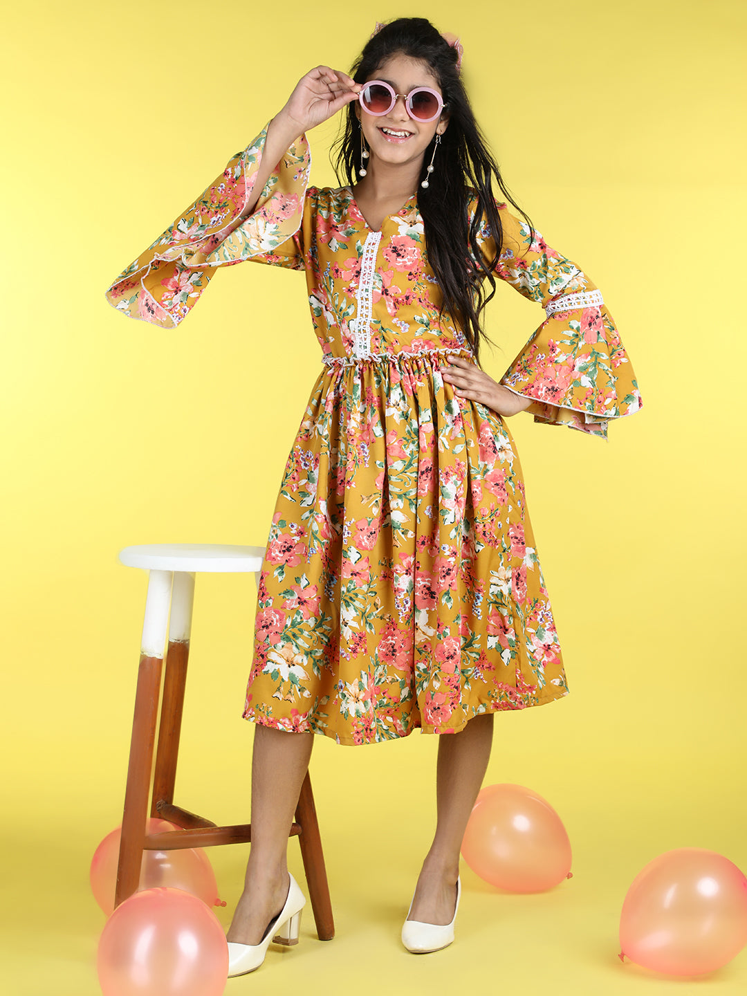 Cutiekins V-Neck Printed Flared Dress-Mustard & Pink