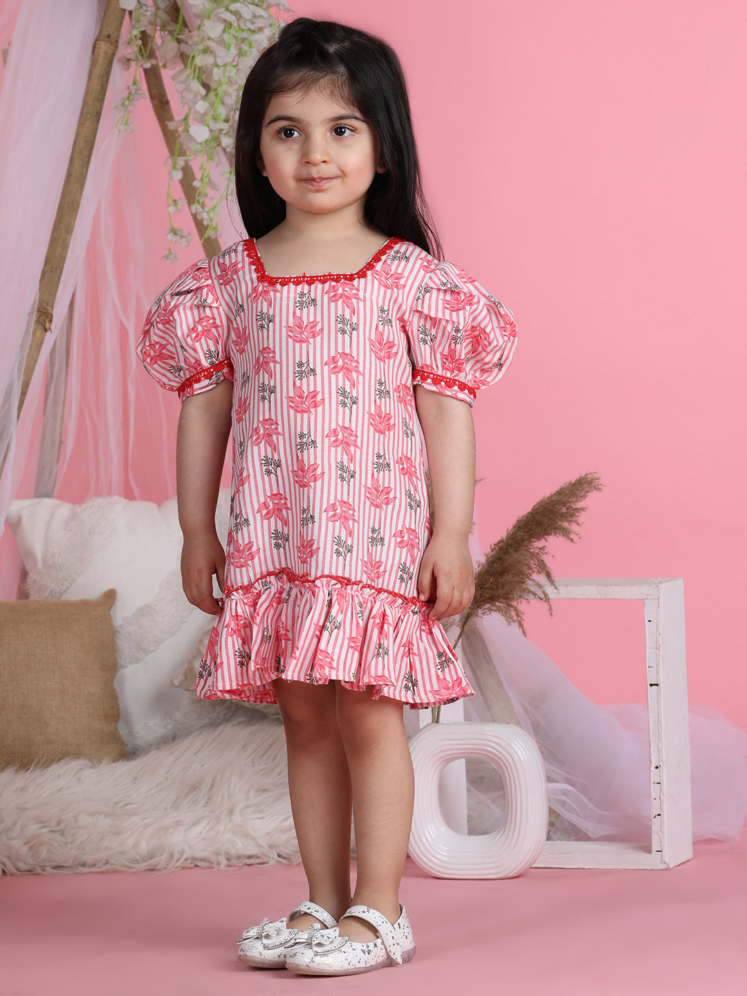 Cutiekins Square Neck Printed Flared Dress-Pink & White