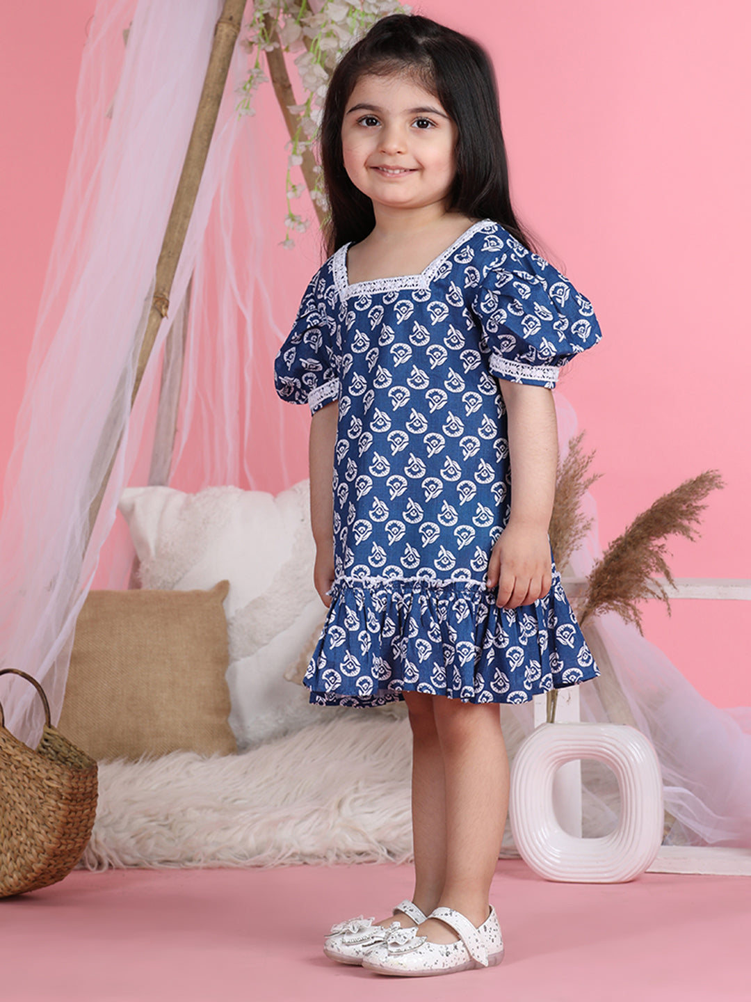 Cutiekins Square Neck Printed Flared Dress-Navy Blue & White