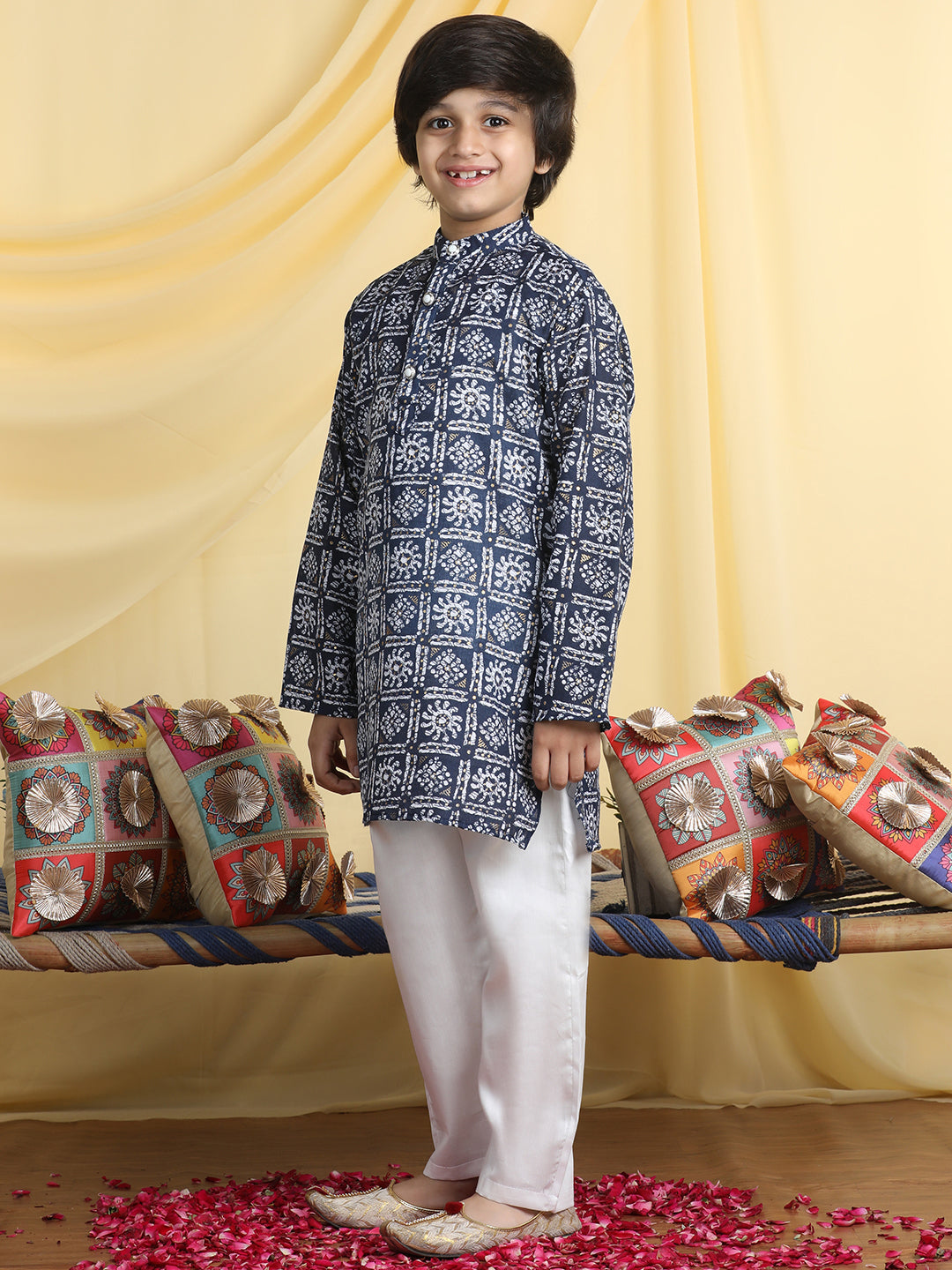 Cutiekins Boys Tribal Print Mandarin Collar Kurta with Pajama -Navy Blue & White