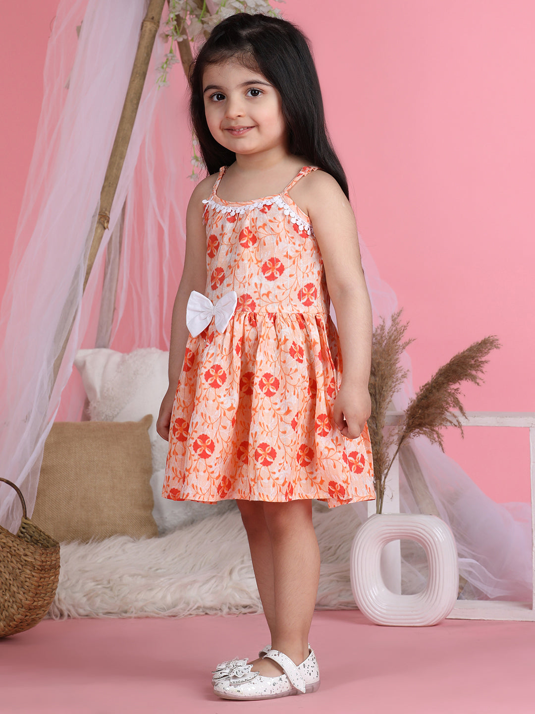 Cutiekins Shoulder Straps Printed Flared Dress-Orange & White