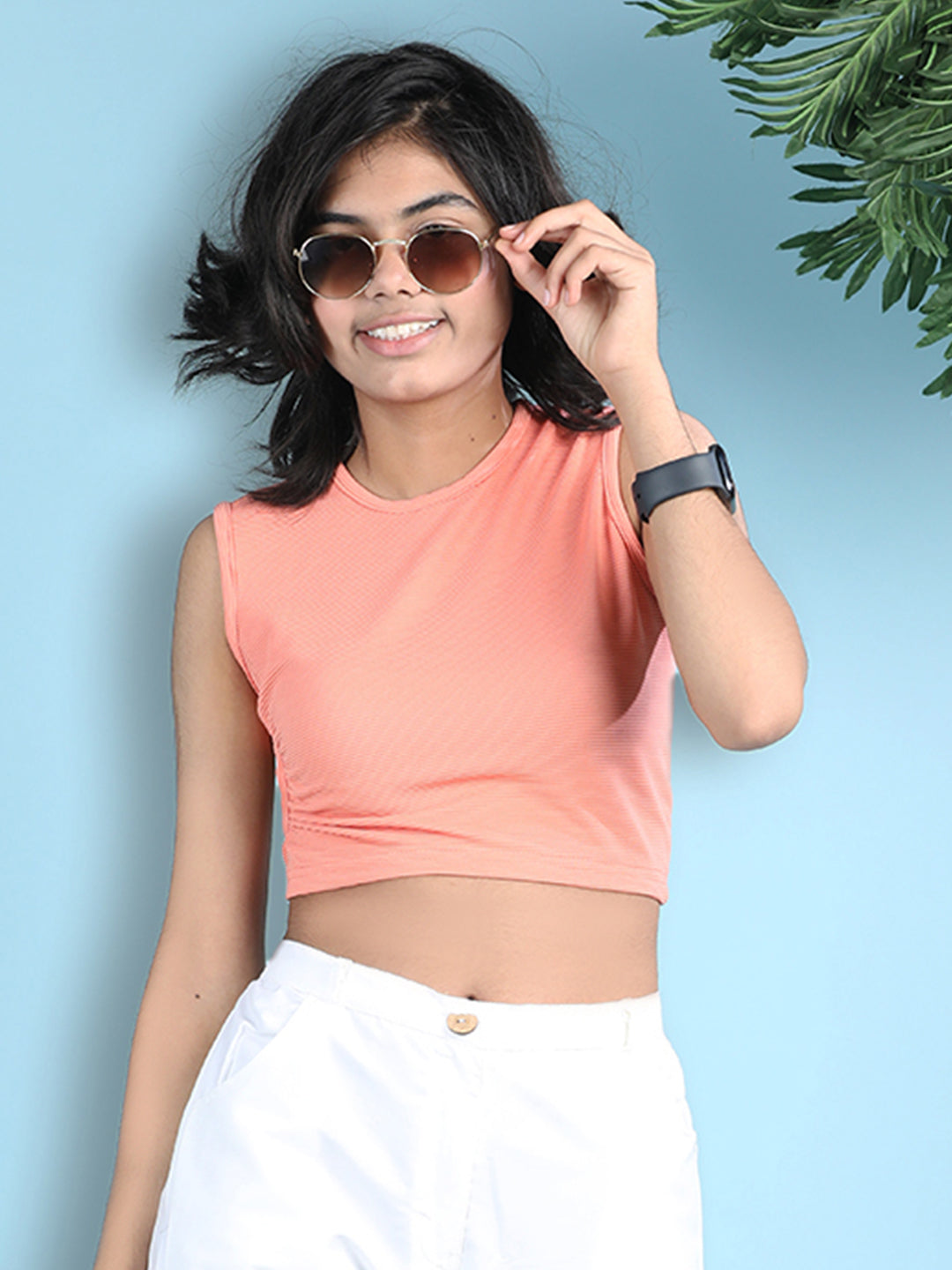 Cutiekins Girls Solid Embellished Crop Tops(Pack of 2) -Peach & Blue