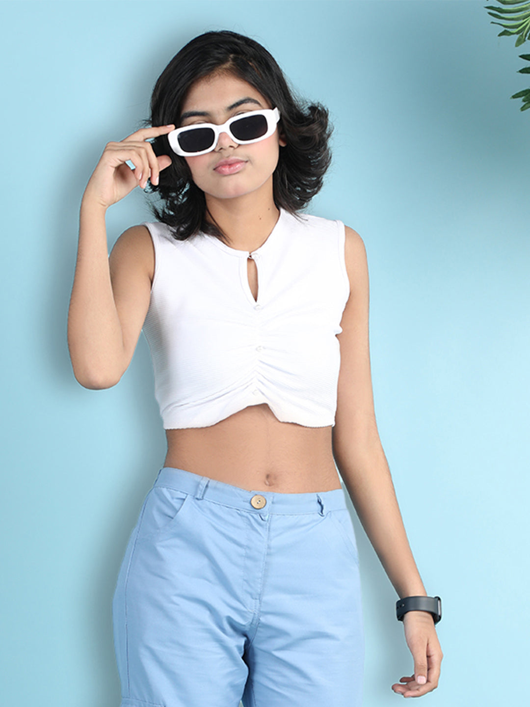Cutiekins Girls Solid Embellished Crop Tops(Pack of 2) -White & Rust