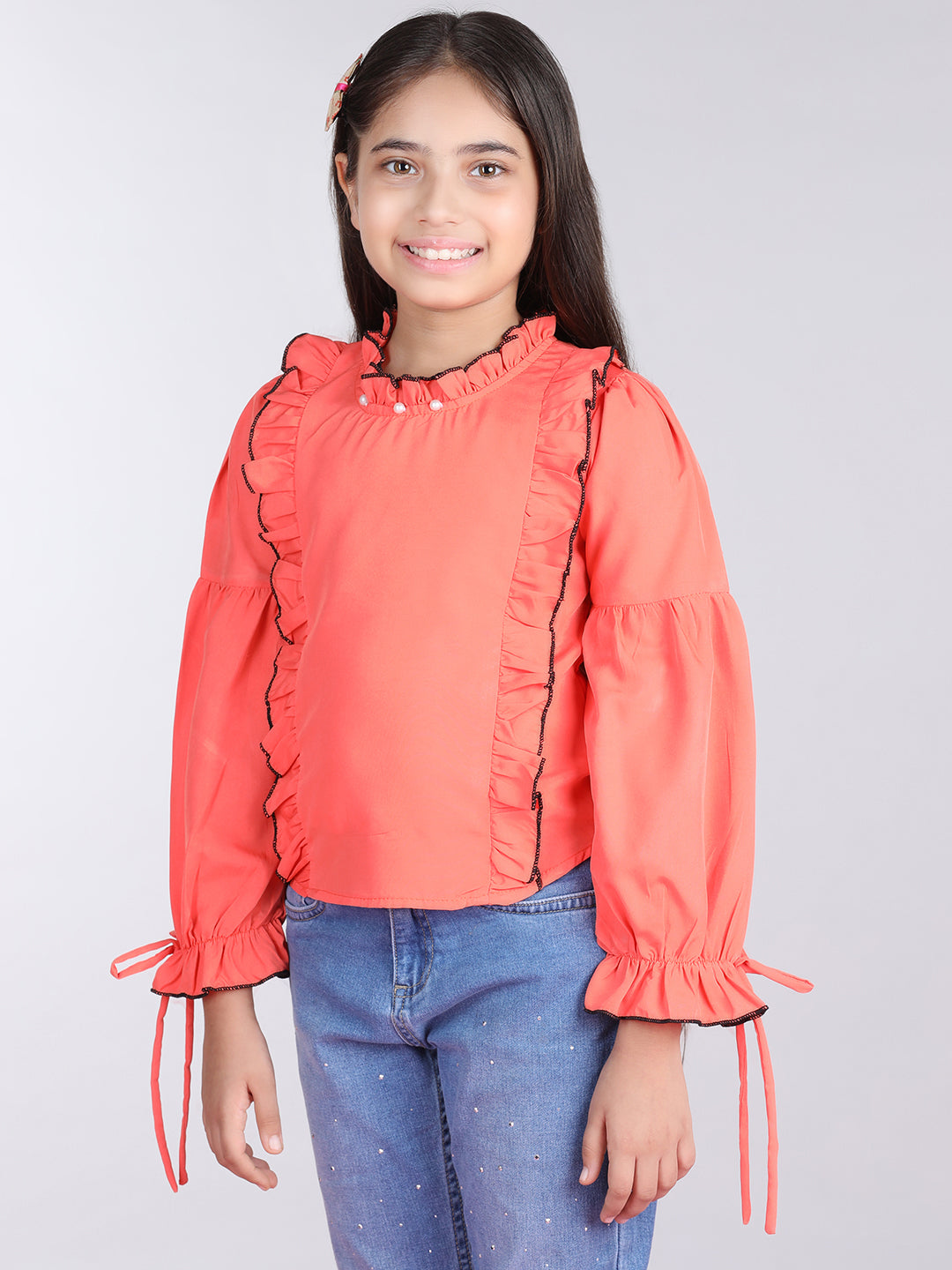 Cutiekins Solid Full Sleeves Polyester Tops-Orange & White