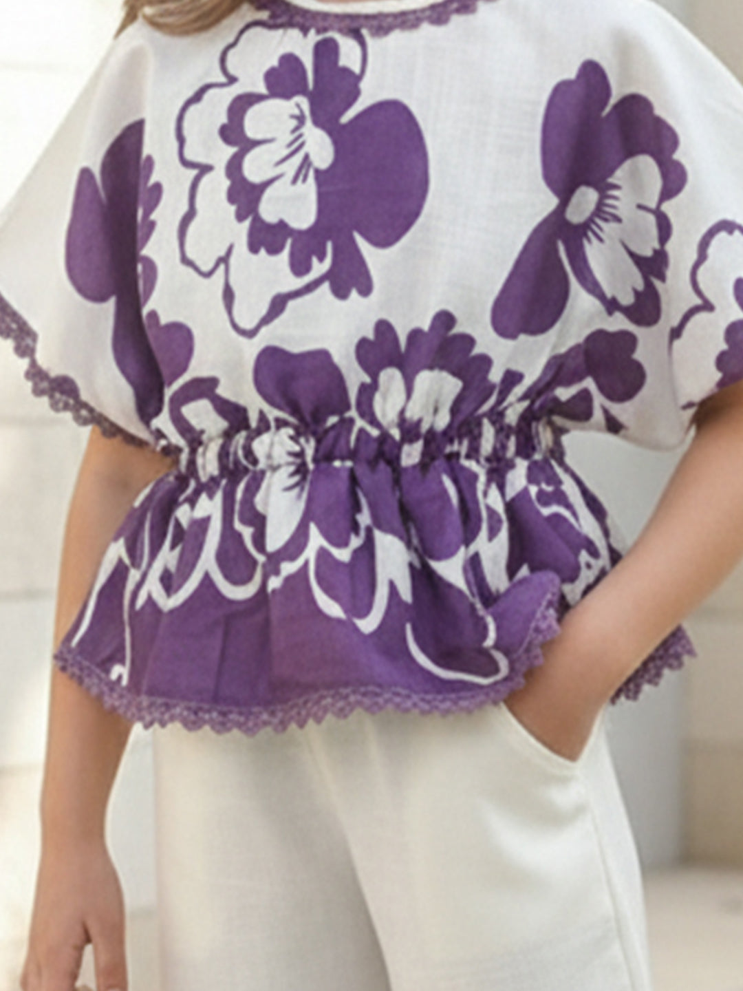 Cutiekins Girls Trendy Floral Print Peplum Top and Wide Leg Pants Co-Ord Set – Purple & White
