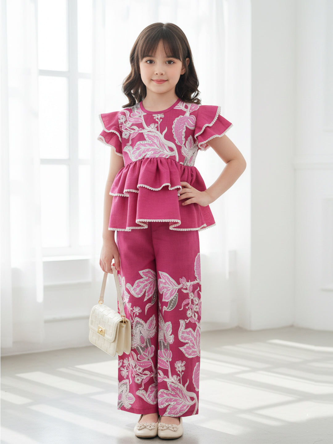 Cutiekins Girls Trendy Floral Print Peplum Top and Straight Leg Pants Co-Ord Set - Pink & White